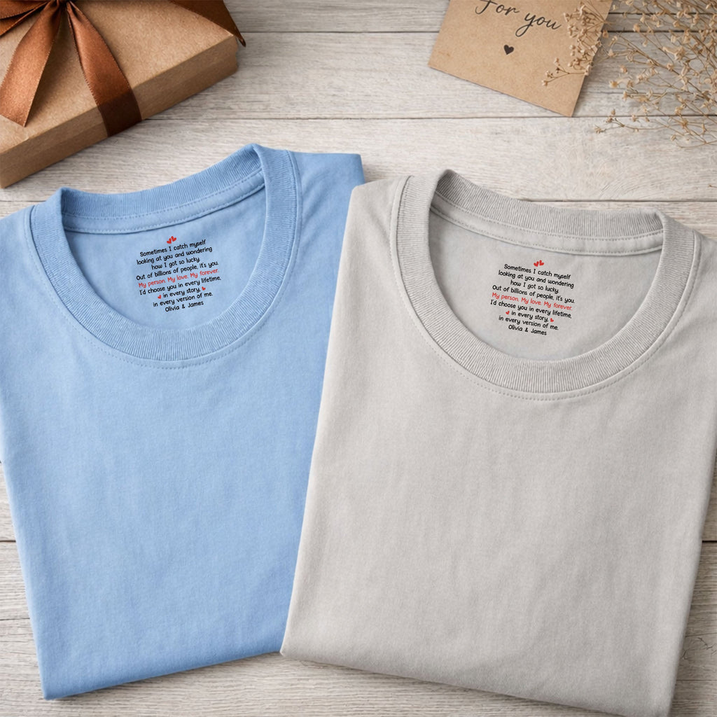 Personalized Romantic Couple T-Shirt with Inside Neck Print Gift Basic Shirt, Print inside back collar GradoCreations