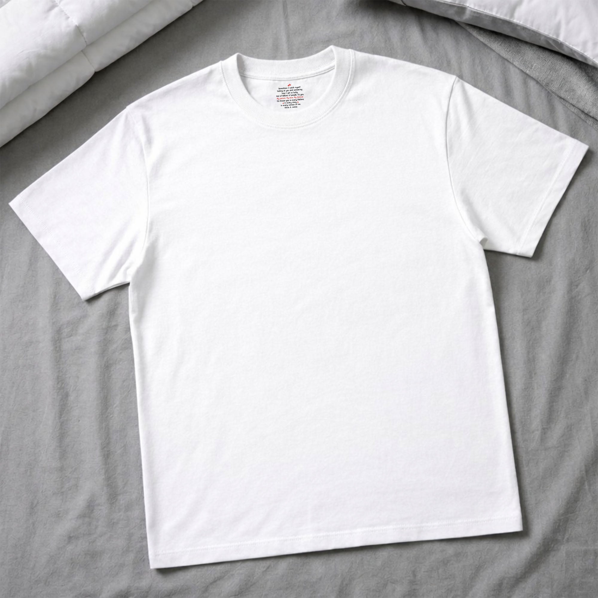 Personalized Romantic Couple T-Shirt with Inside Neck Print Gift Basic Shirt, Print inside back collar GradoCreations