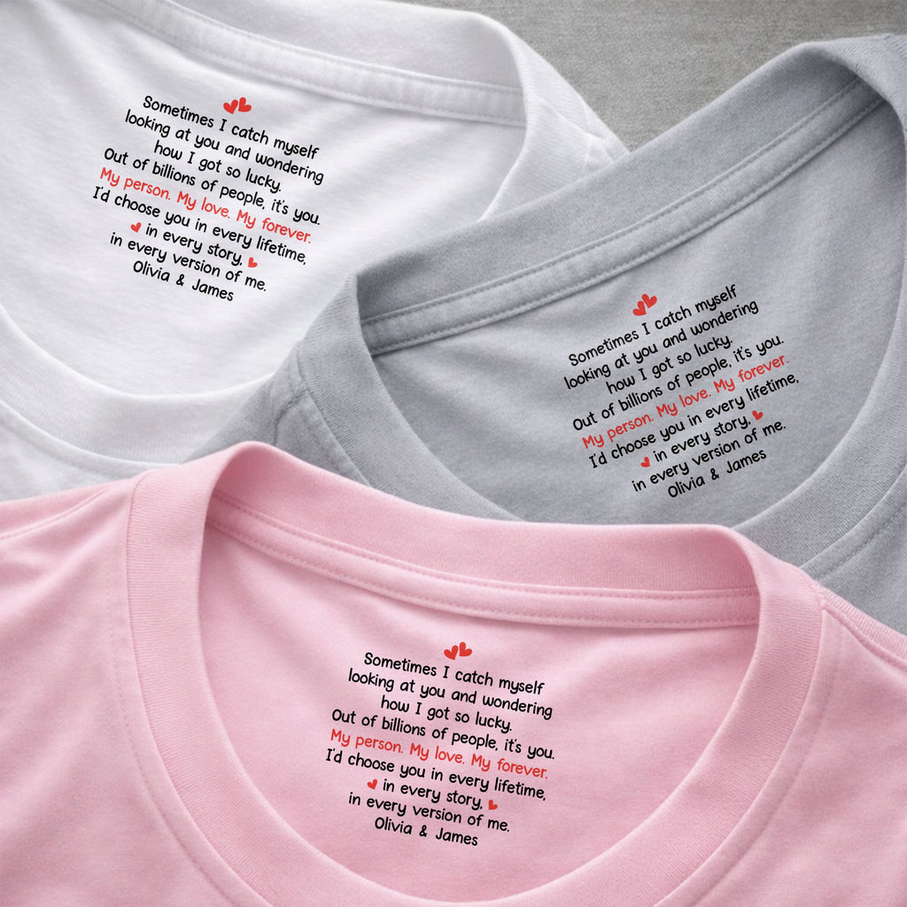 Personalized Romantic Couple T-Shirt with Inside Neck Print Gift Basic Shirt, Print inside back collar GradoCreations