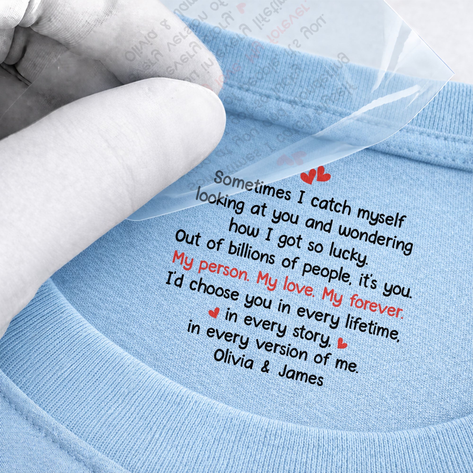 Personalized Romantic Couple T-Shirt with Inside Neck Print Gift Basic Shirt, Print inside back collar GradoCreations