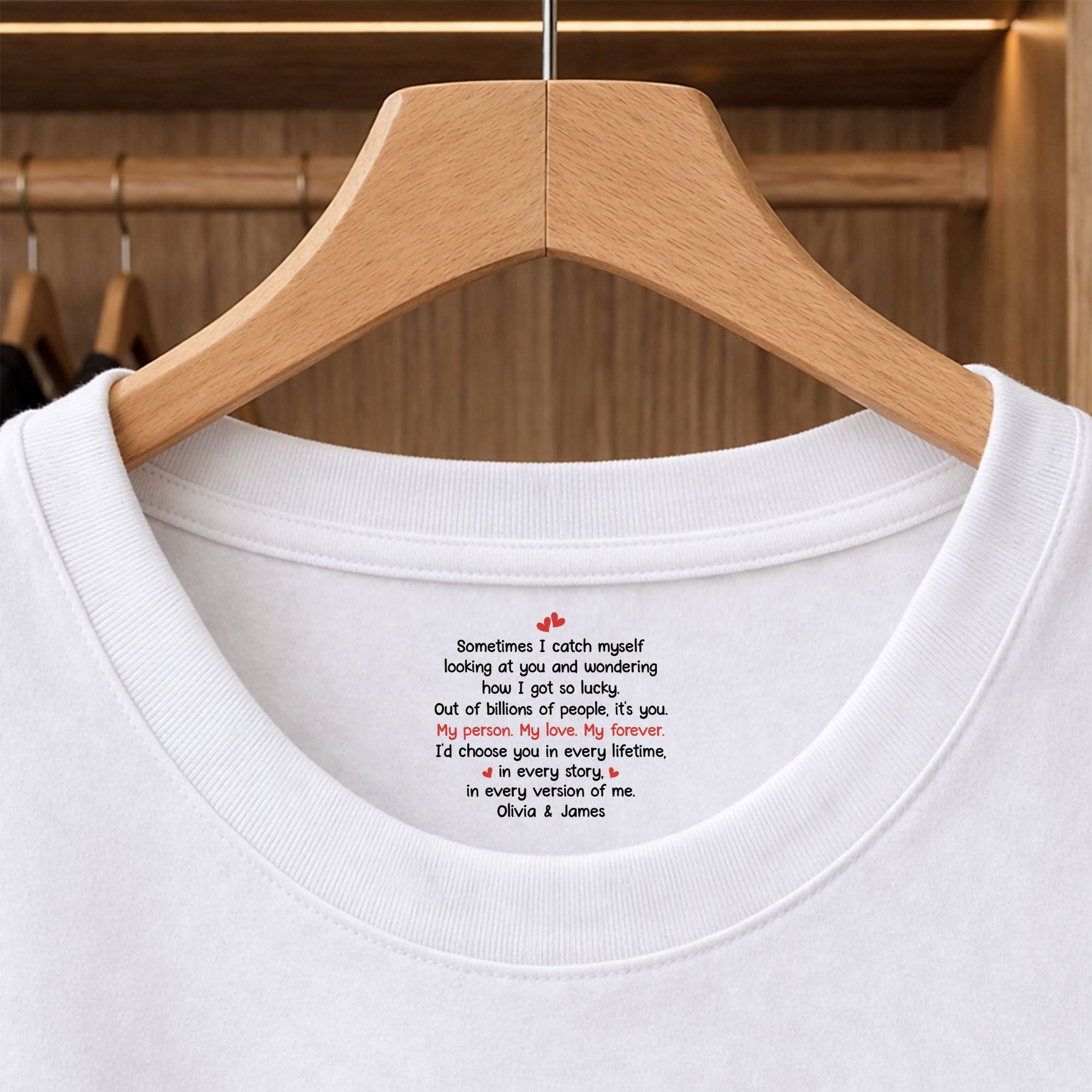 Personalized Romantic Couple T-Shirt with Inside Neck Print Gift Basic Shirt, Print inside back collar GradoCreations