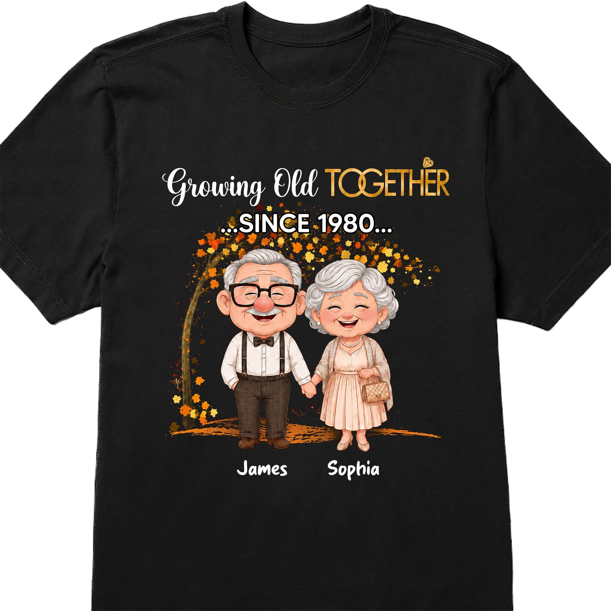 Personalized Old Couple T-shirt & Hoodie Gift for Anniversary with Autumn Tree Shirt GradoCreations