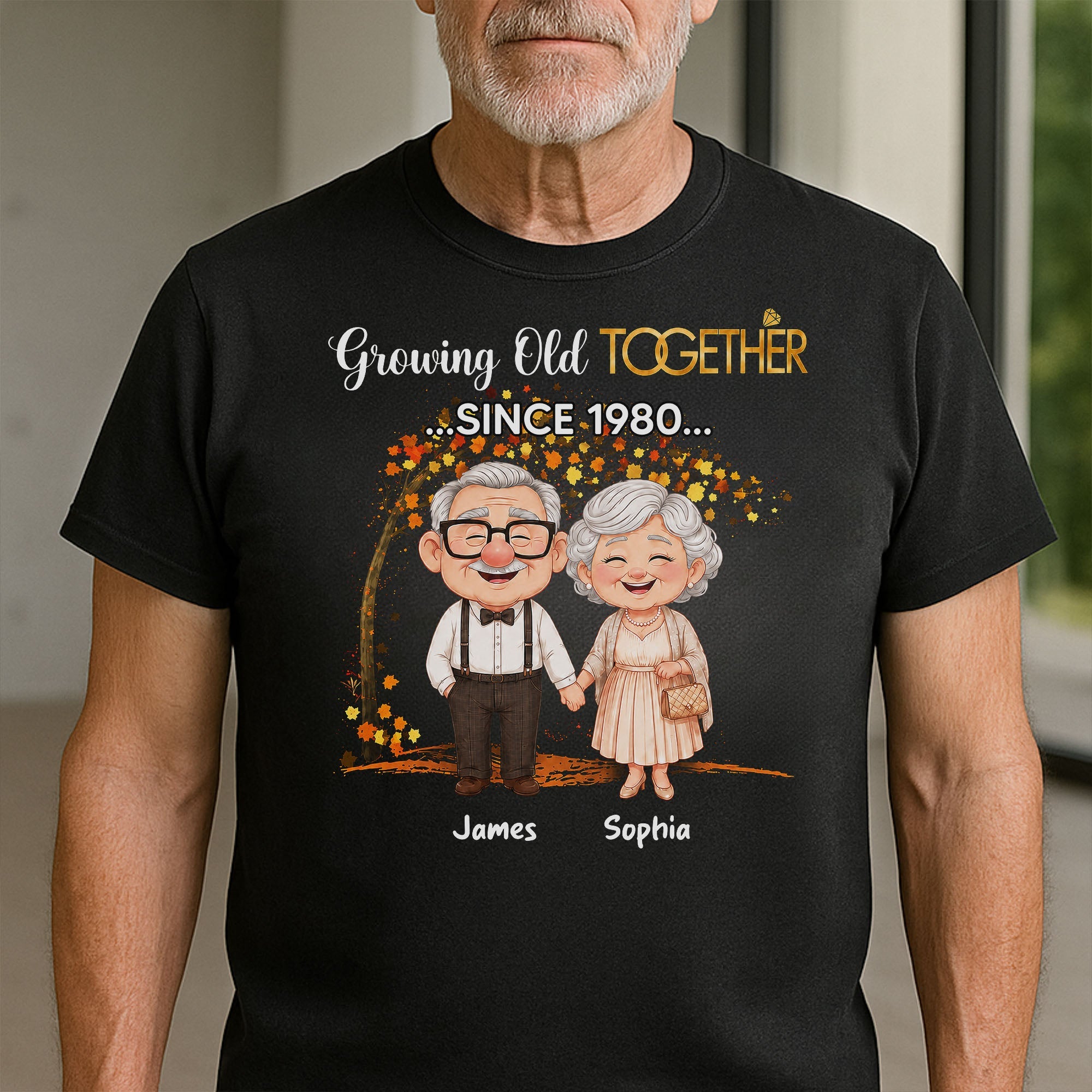Personalized Old Couple T-shirt & Hoodie Gift for Anniversary with Autumn Tree Shirt GradoCreations