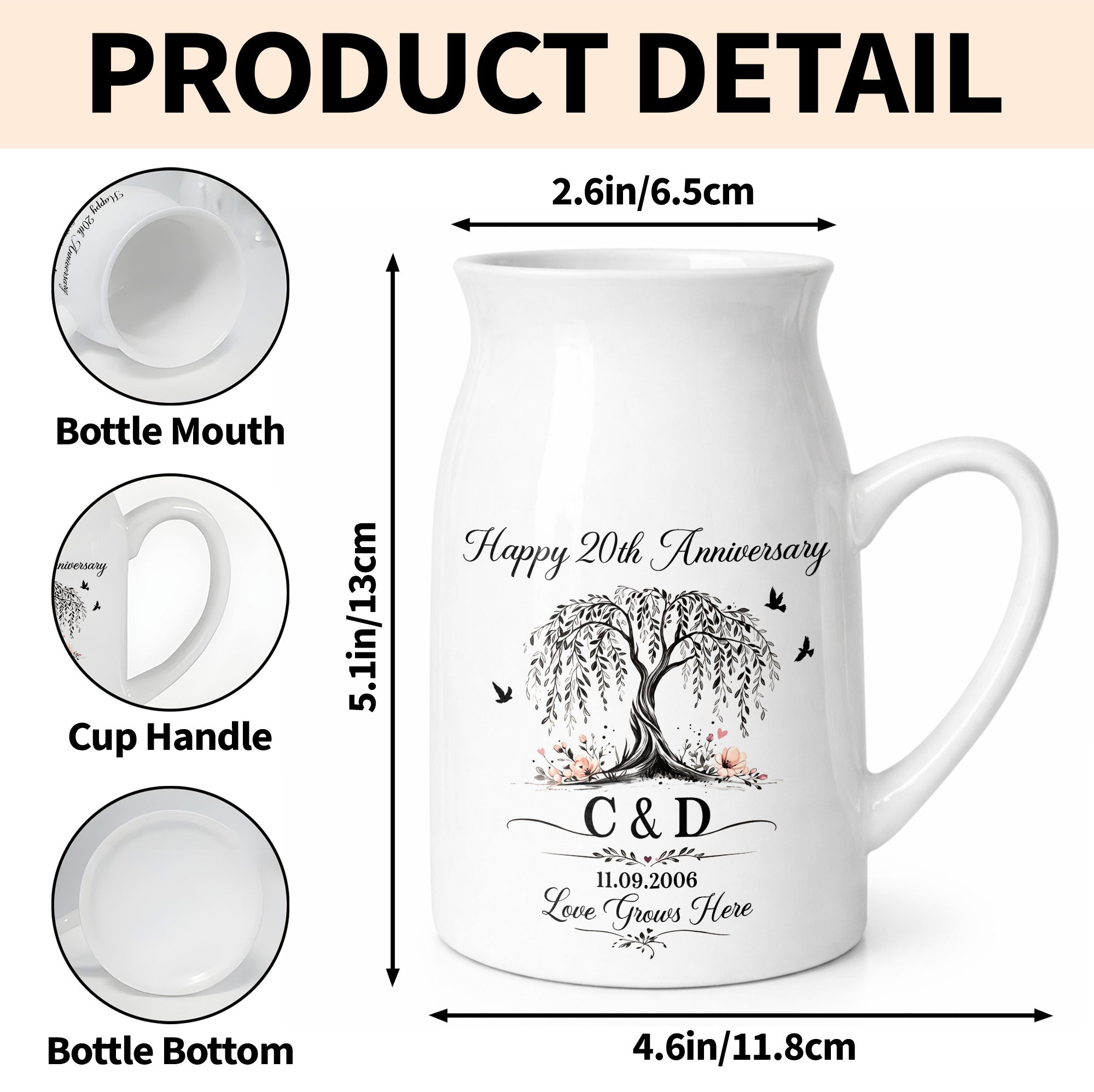 Personalized Ceramic Flower Vase Custom Date for Anniversary Gift Flower Vase GradoCreations