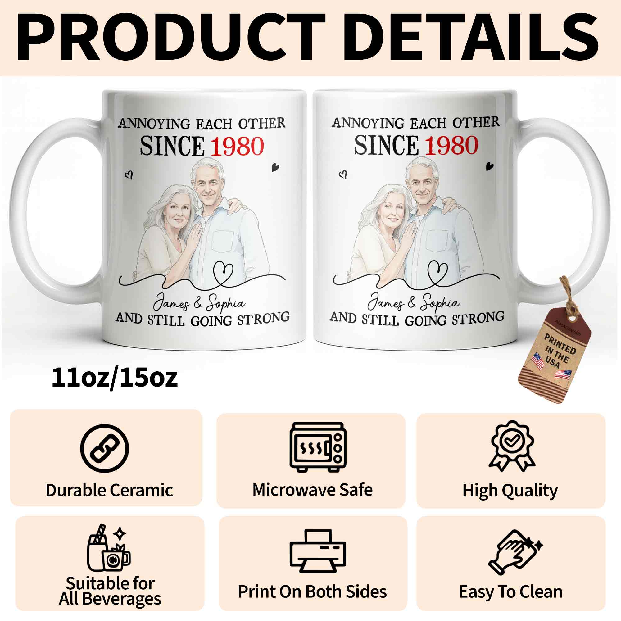 Personalized Custom Couple Mug with Heart Design Gift for Anniversary Edge-to-edge Mug GradoCreations