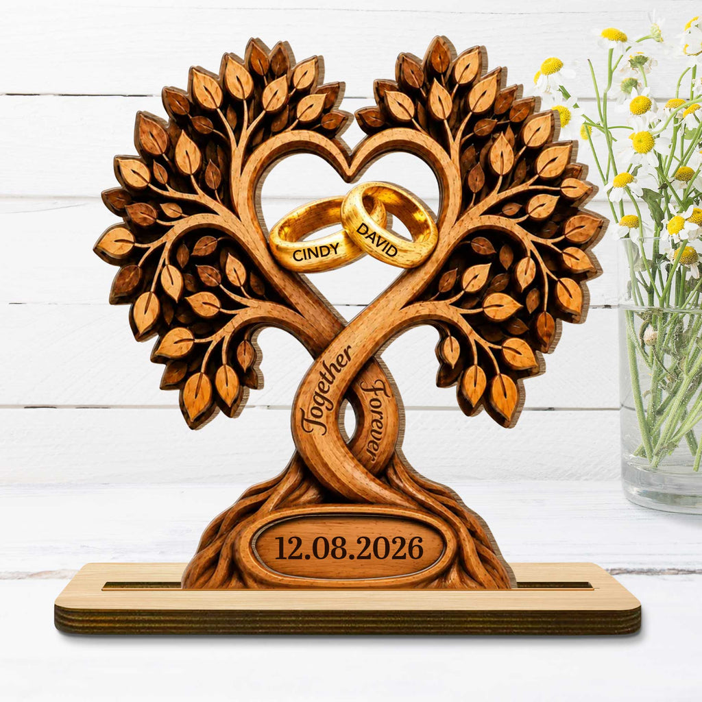 Personalized 2-Layer Wood Plaque Heart with Wedding Rings Gift for Couples