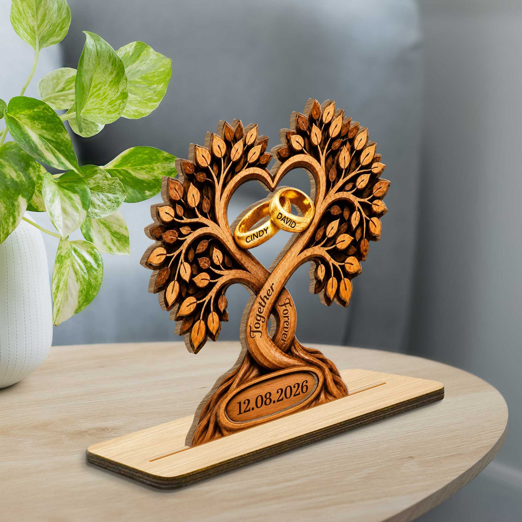 Personalized 2-Layer Wood Plaque Heart with Wedding Rings Gift for Couples
