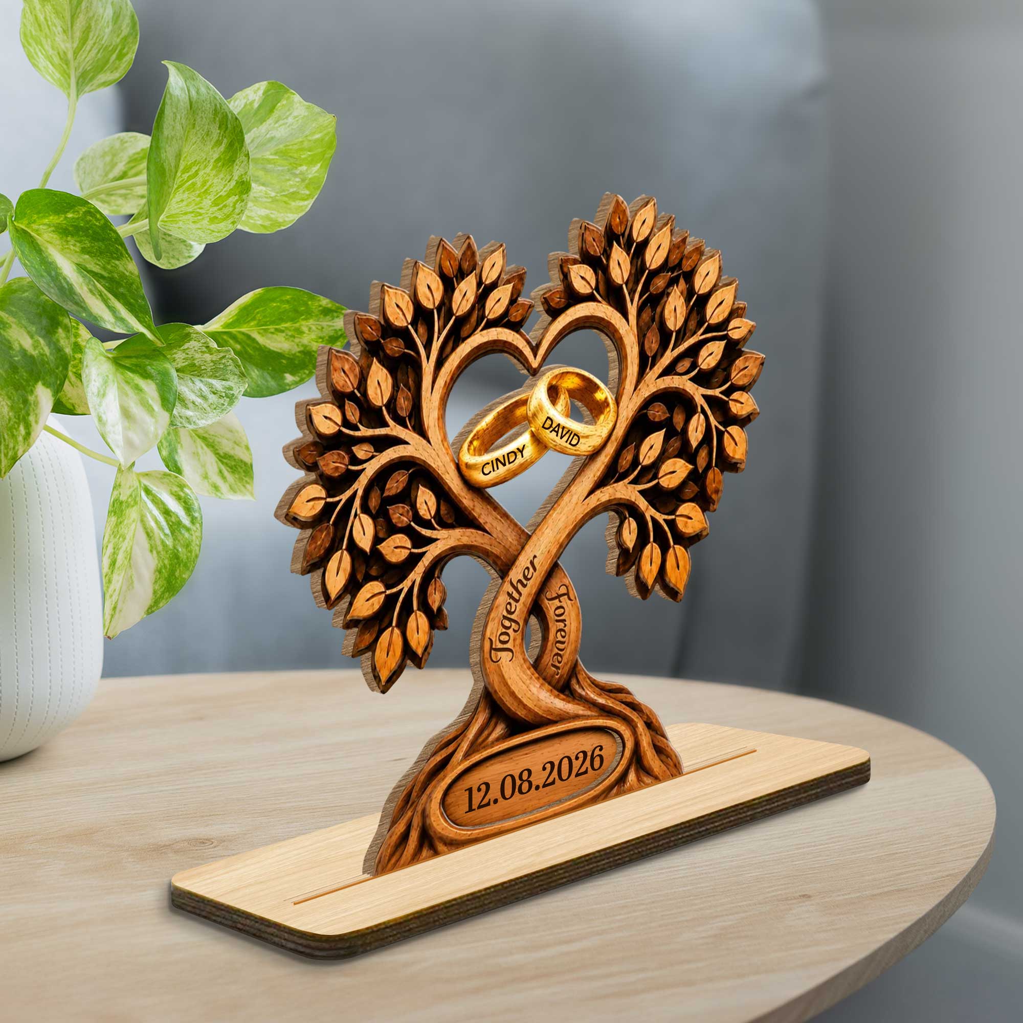 Personalized 2-Layer Wood Plaque Heart with Wedding Rings Gift for Couples