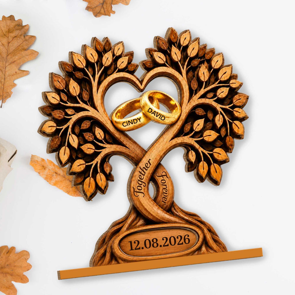 Personalized 2-Layer Wood Plaque Heart with Wedding Rings Gift for Couples