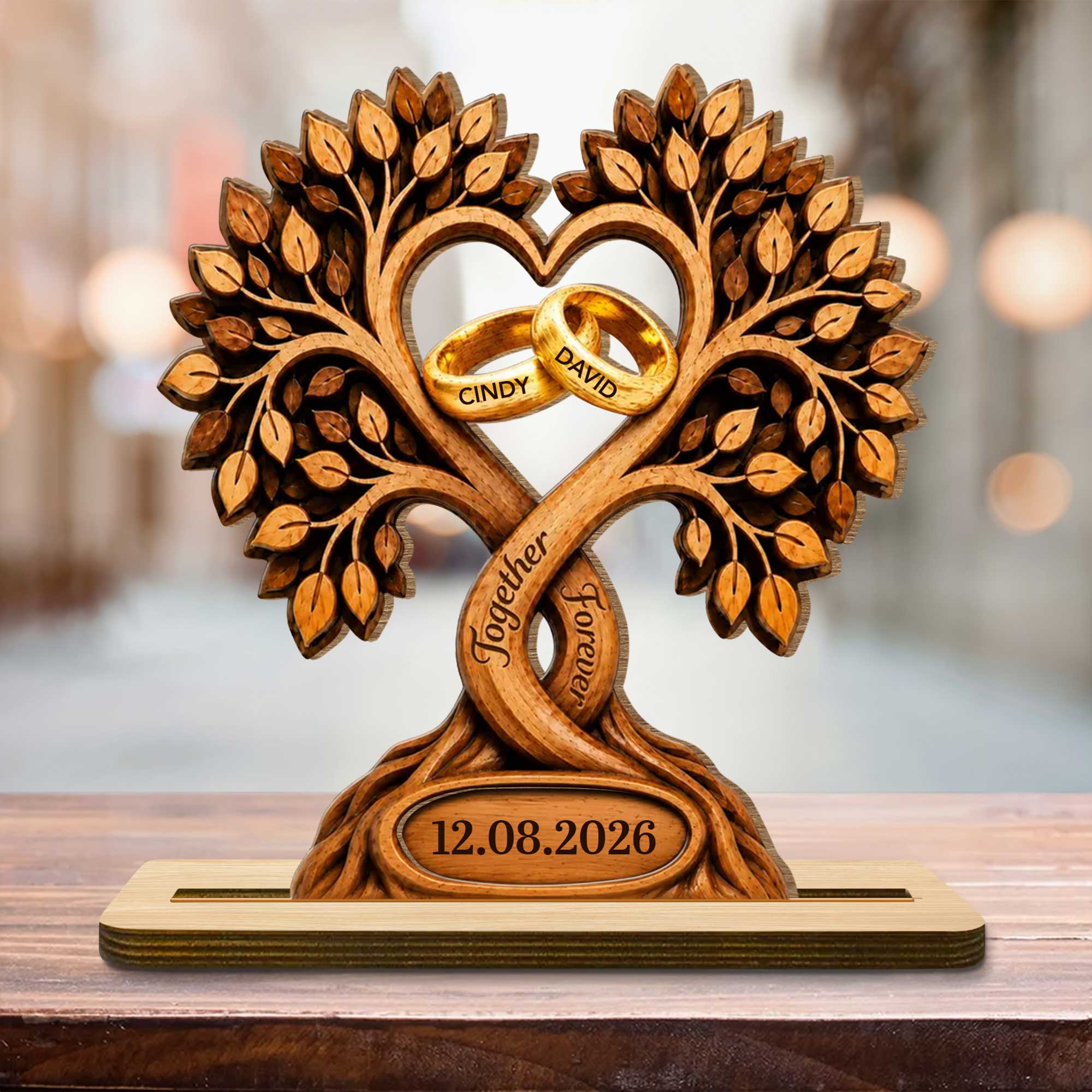 Personalized 2-Layer Wood Plaque Heart with Wedding Rings Gift for Couples