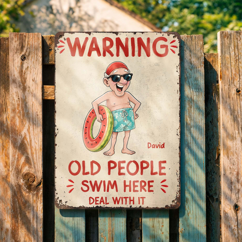 Personalized Metal Sign Custom Name Warning Old People Swim Here Gift for Dad Metal Sign GradoCreations