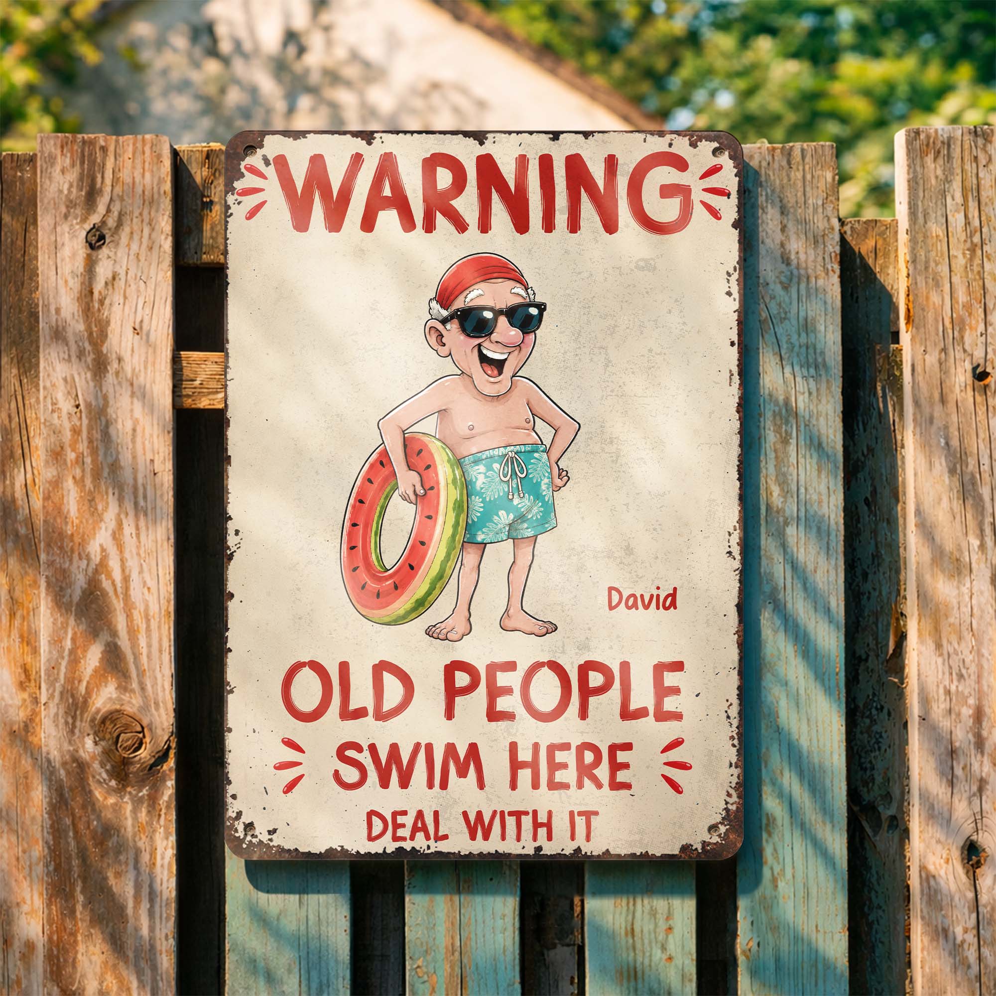Personalized Metal Sign Custom Name Warning Old People Swim Here Gift for Dad Metal Sign GradoCreations