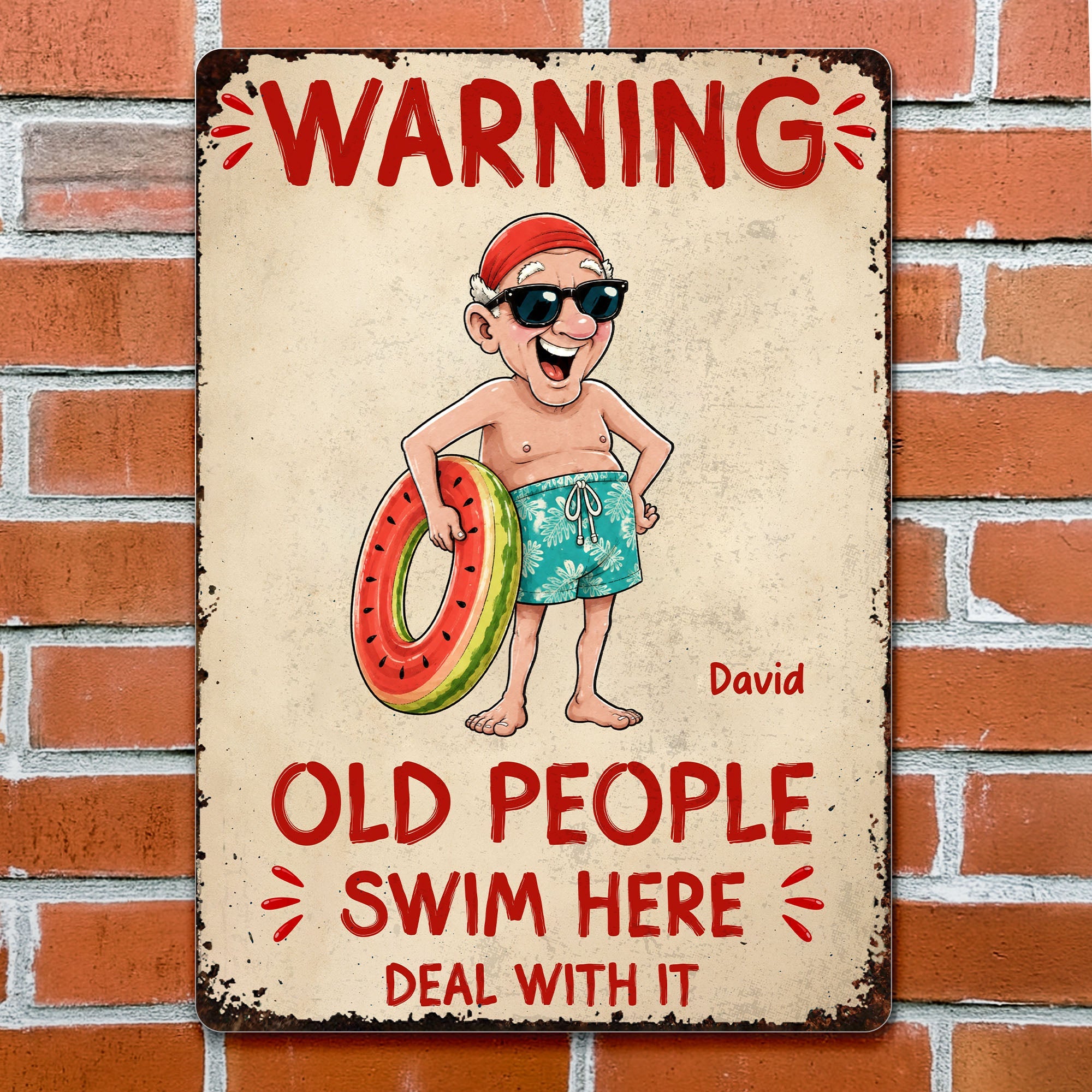 Personalized Metal Sign Custom Name Warning Old People Swim Here Gift for Dad Metal Sign GradoCreations