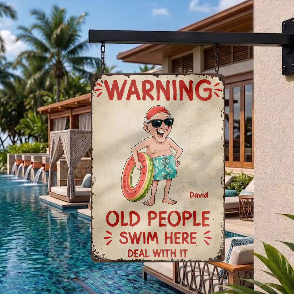 Personalized Metal Sign Custom Name Warning Old People Swim Here Gift for Dad Metal Sign GradoCreations