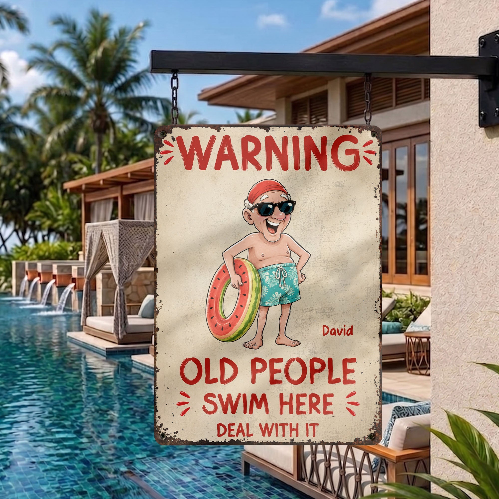 Personalized Metal Sign Custom Name Warning Old People Swim Here Gift for Dad Metal Sign GradoCreations