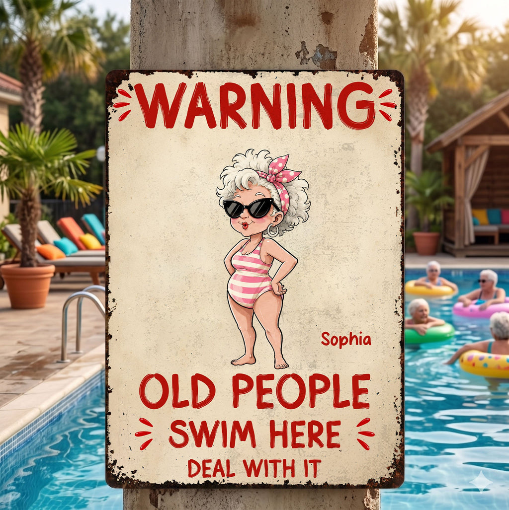 Personalized Metal Sign Custom Name Warning Old People Swim Here Gift for Dad Metal Sign GradoCreations