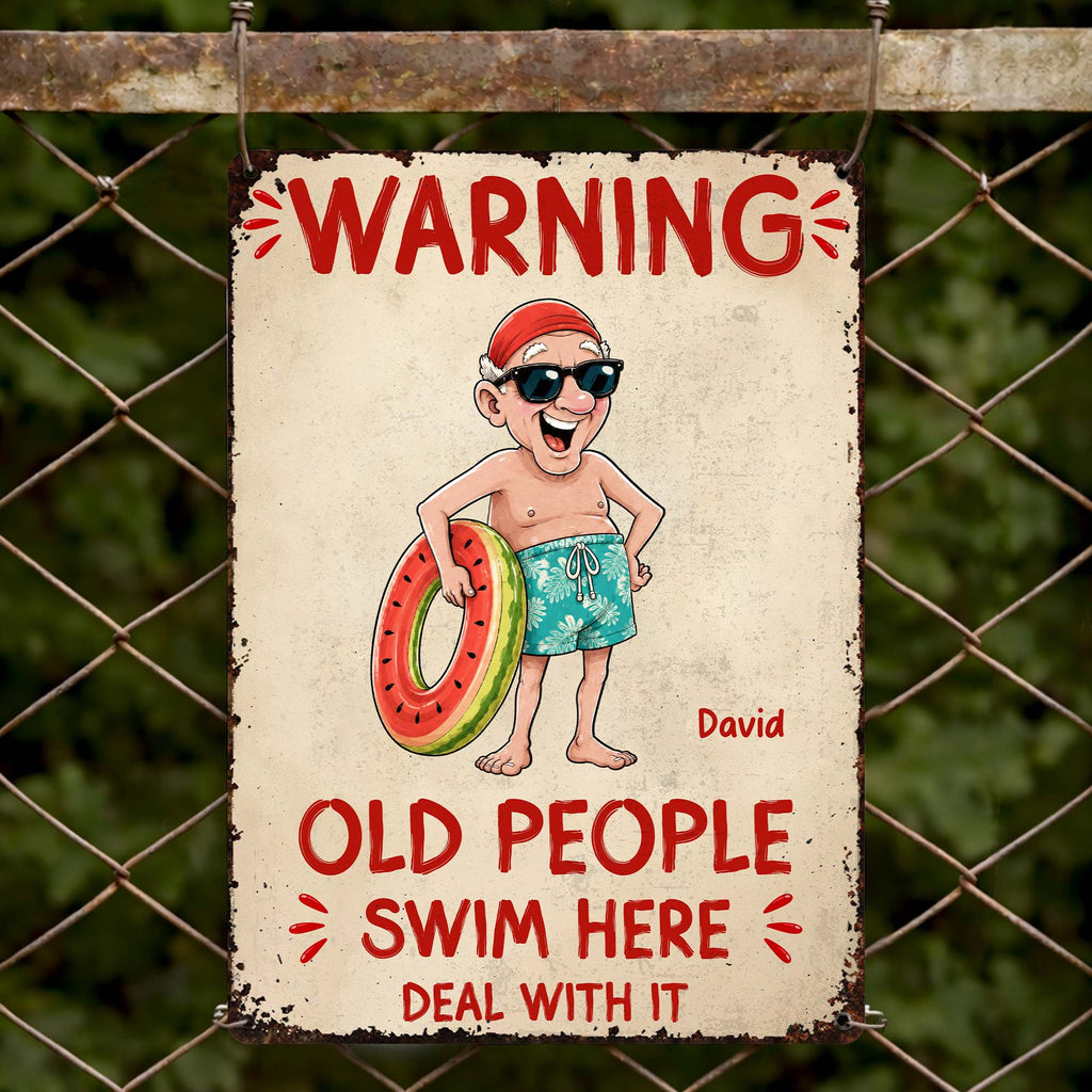 Personalized Metal Sign Custom Name Warning Old People Swim Here Gift for Dad Metal Sign GradoCreations