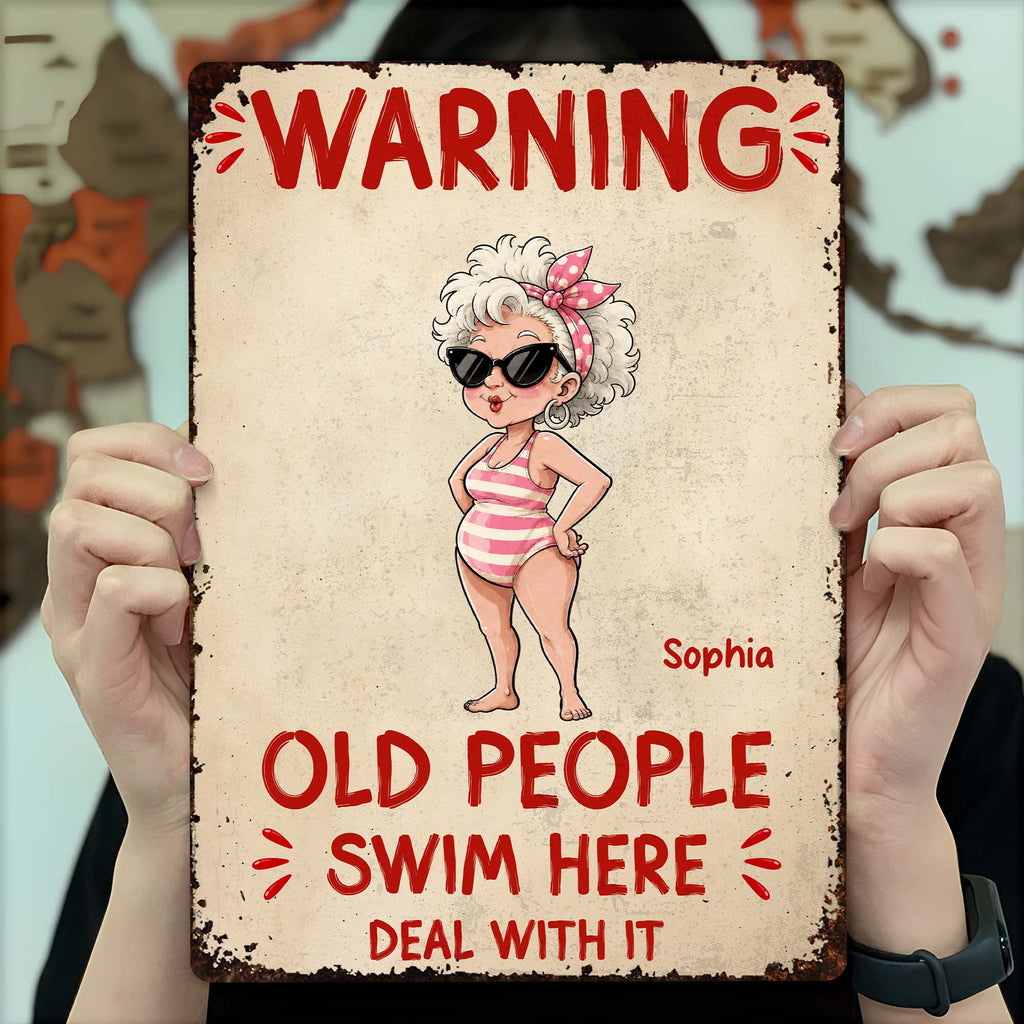 Personalized Metal Sign Custom Name Warning Old People Swim Here Gift for Dad Metal Sign GradoCreations