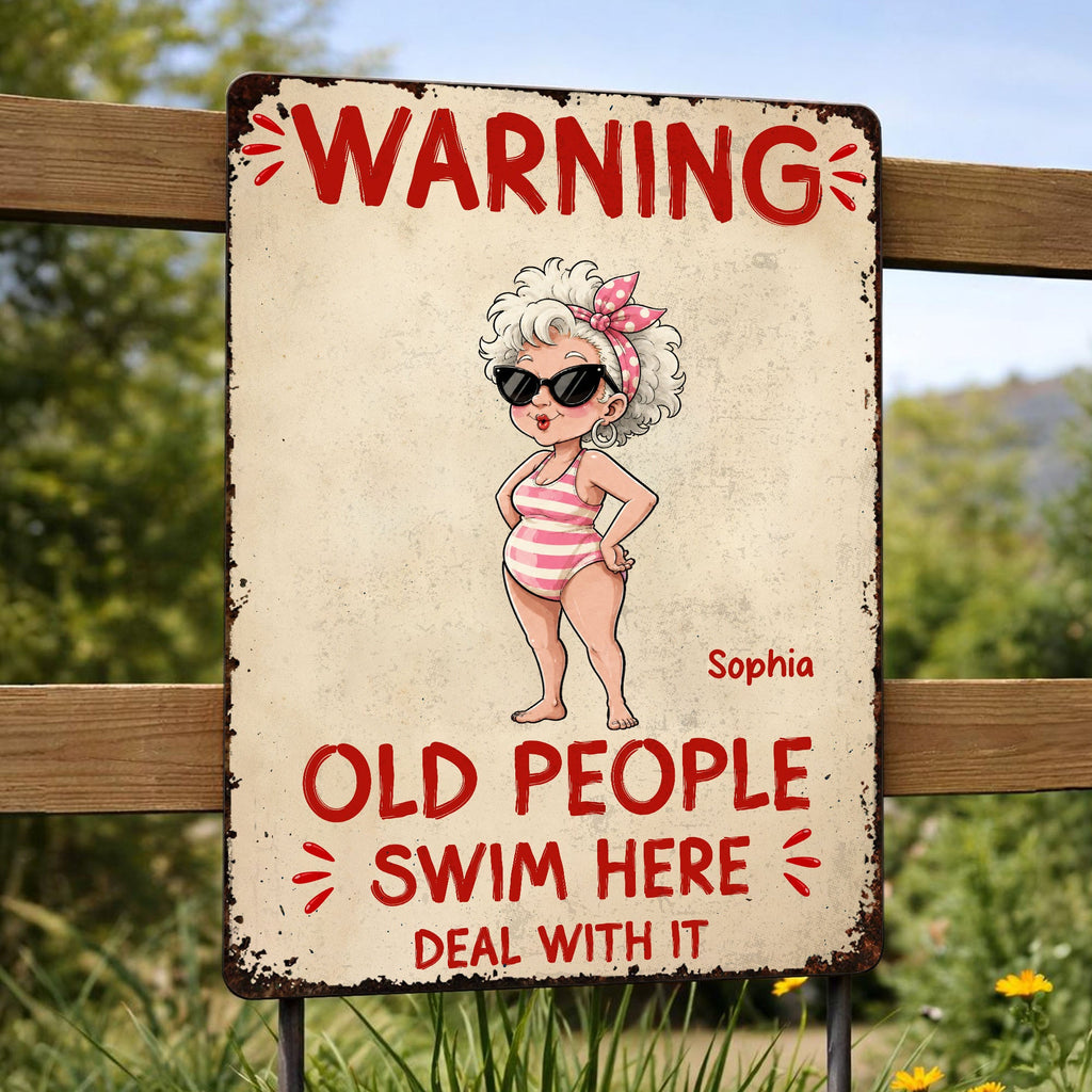 Personalized Metal Sign Custom Name Warning Old People Swim Here Gift for Dad Metal Sign GradoCreations