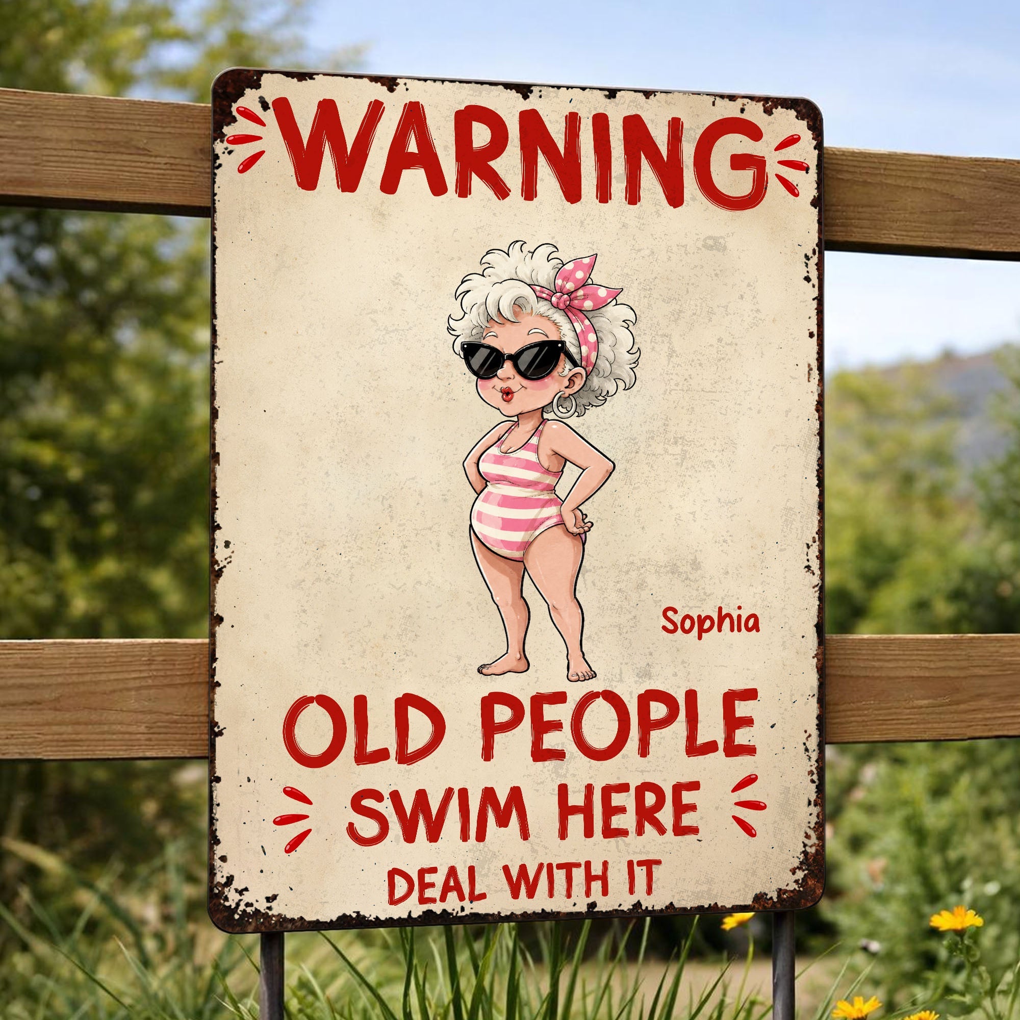 Personalized Metal Sign Custom Name Warning Old People Swim Here Gift for Dad Metal Sign GradoCreations