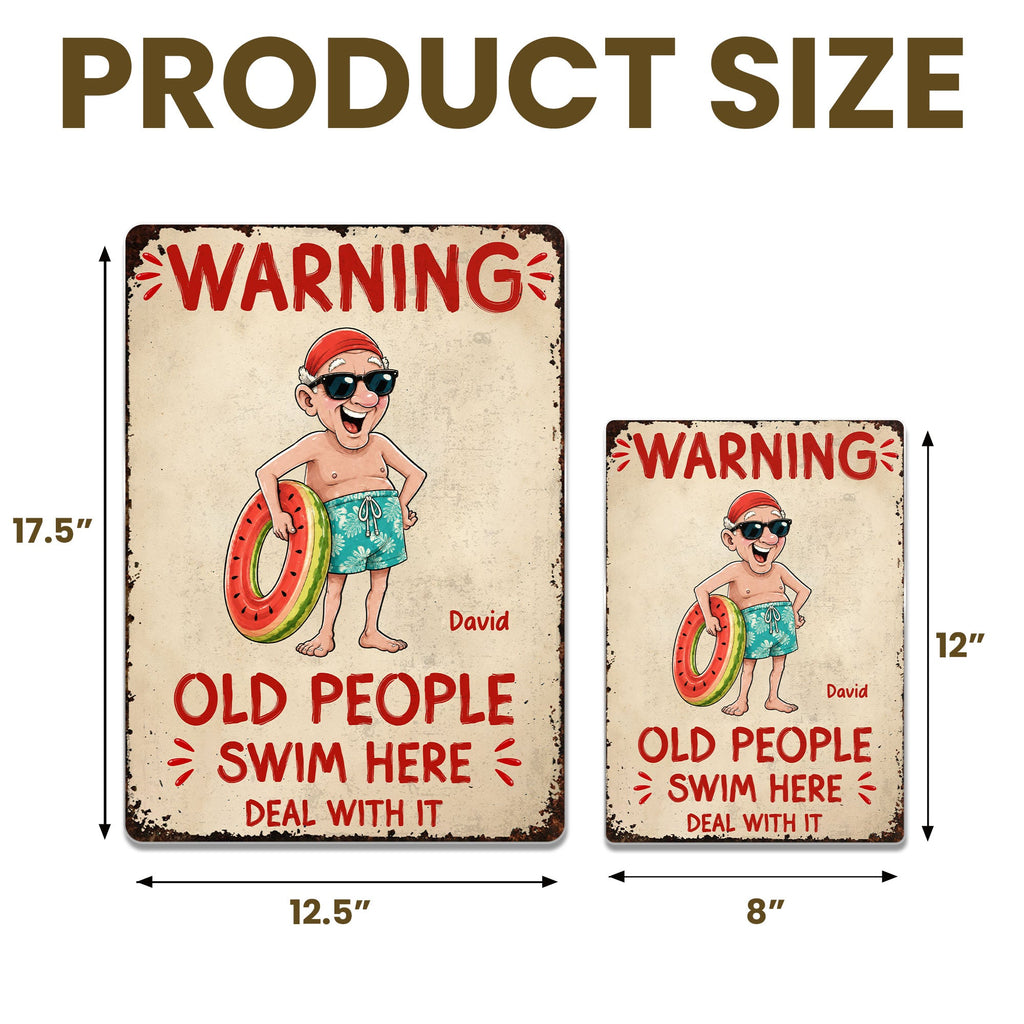 Personalized Metal Sign Custom Name Warning Old People Swim Here Gift for Dad Metal Sign GradoCreations