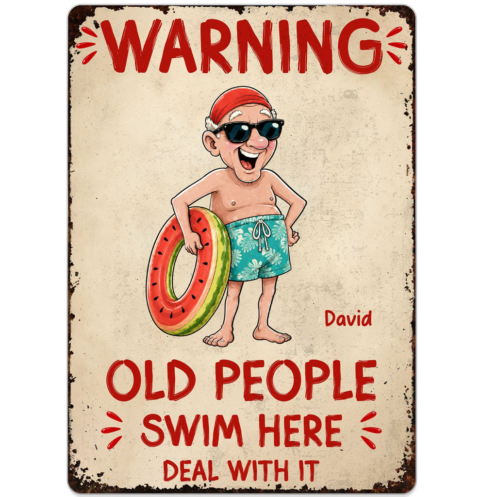 Personalized Metal Sign Custom Name Warning Old People Swim Here Gift for Dad Metal Sign GradoCreations