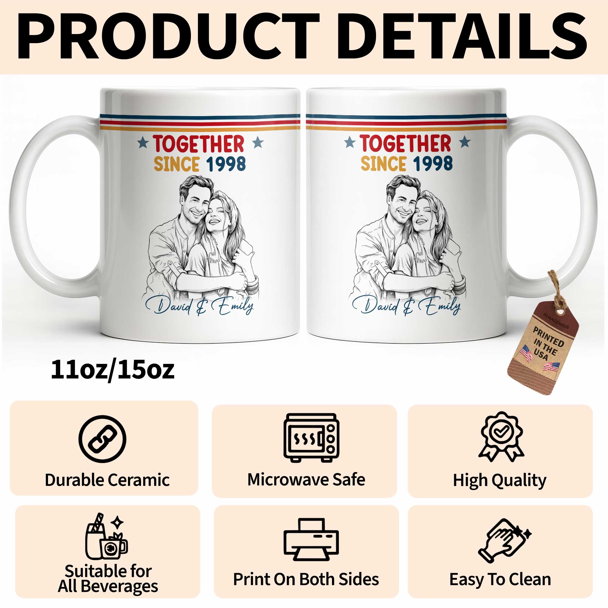 Personalized Retro Stripes Coffee Mug Custom Couple Gift Edge-to-edge Mug GradoCreations