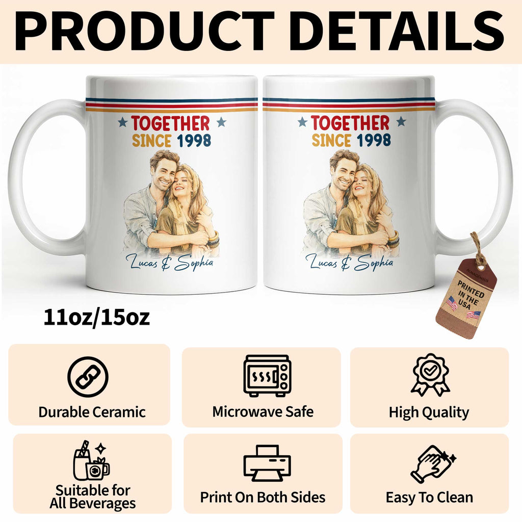Personalized Retro Couple Portrait Coffee Mug Custom Art Gift Edge-to-edge Mug GradoCreations
