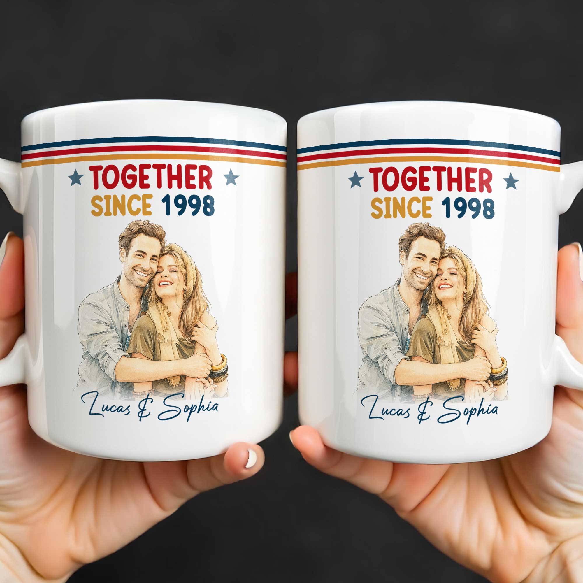 Personalized Retro Couple Portrait Coffee Mug Custom Art Gift Edge-to-edge Mug GradoCreations