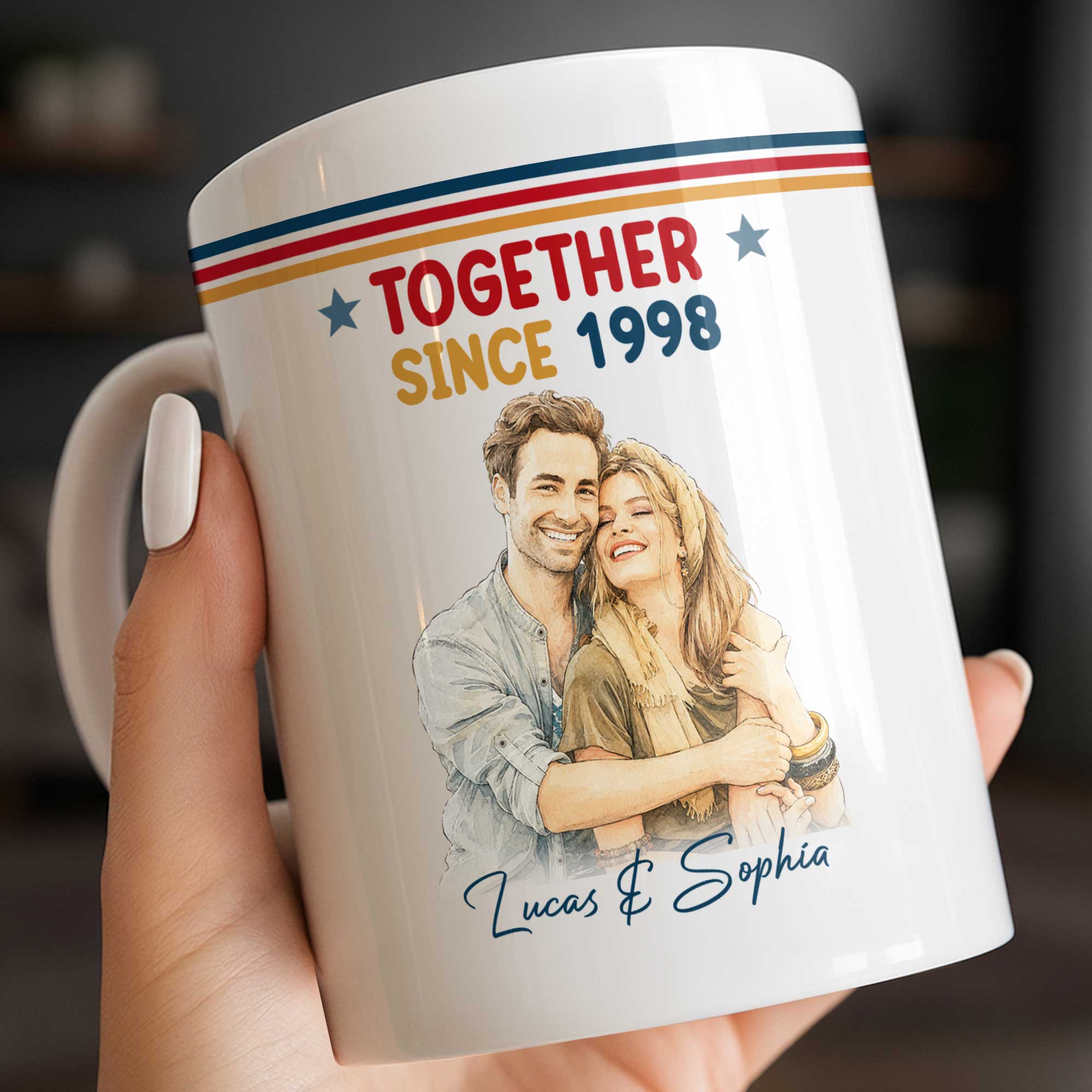 Personalized Retro Couple Portrait Coffee Mug Custom Art Gift Edge-to-edge Mug GradoCreations