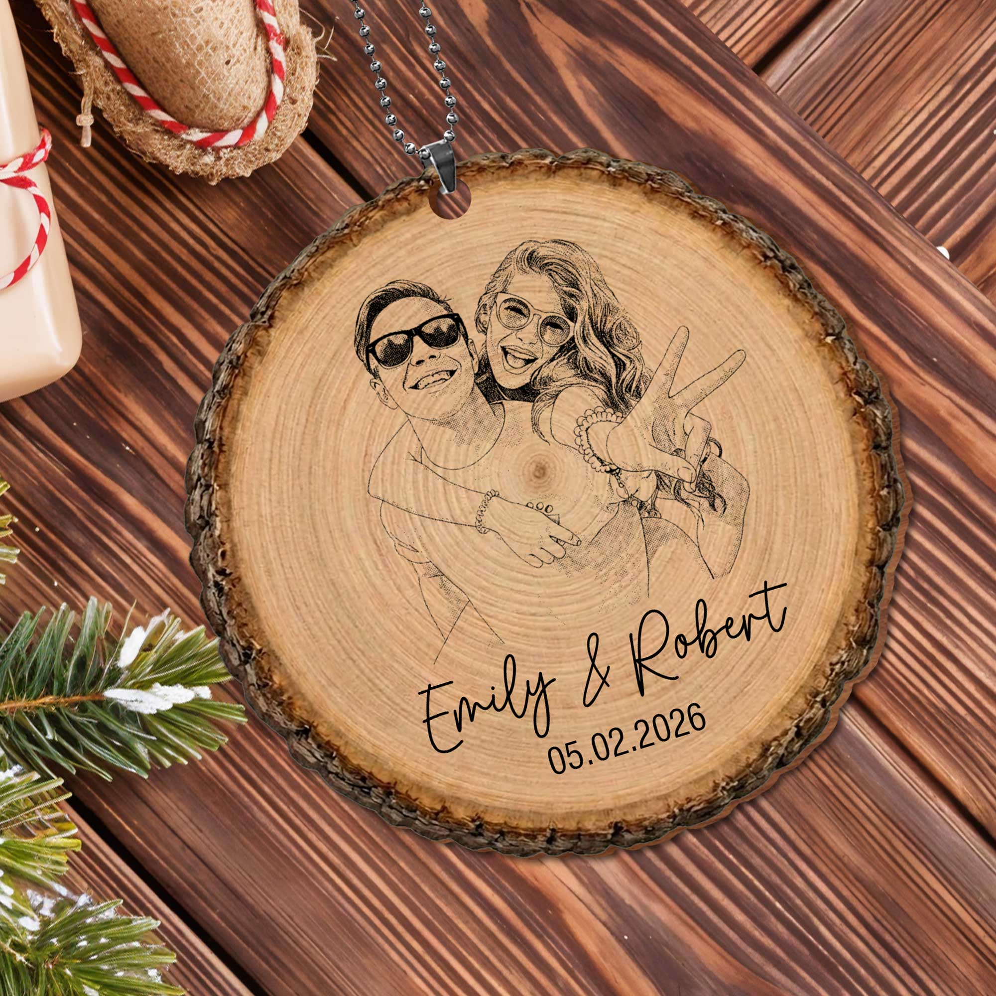Personalized Photo Upload Wood Slice Ornament Custom Couple Gift