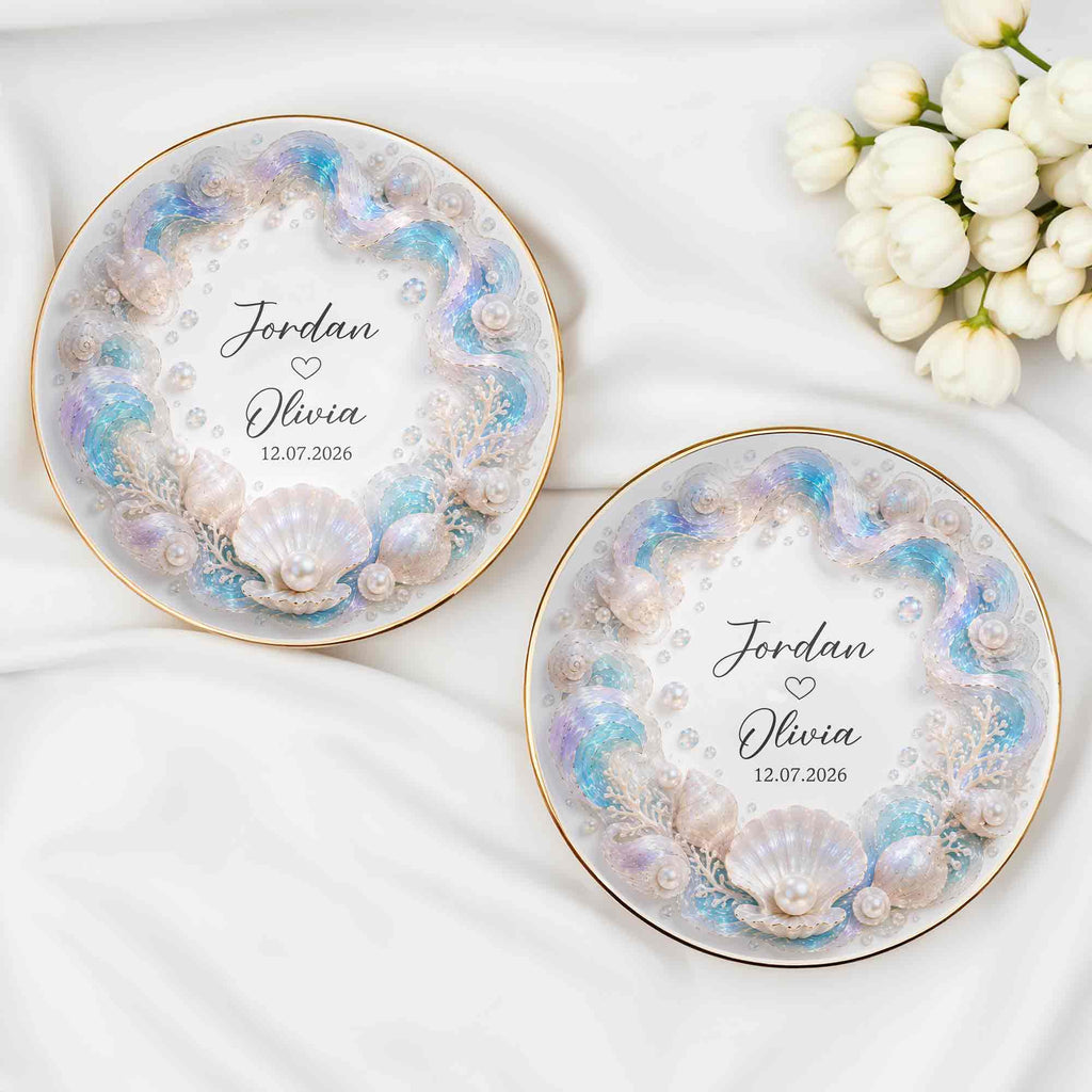 Personalized Ceramic Jewelry Dish Ocean Theme Custom Gift for Couples
