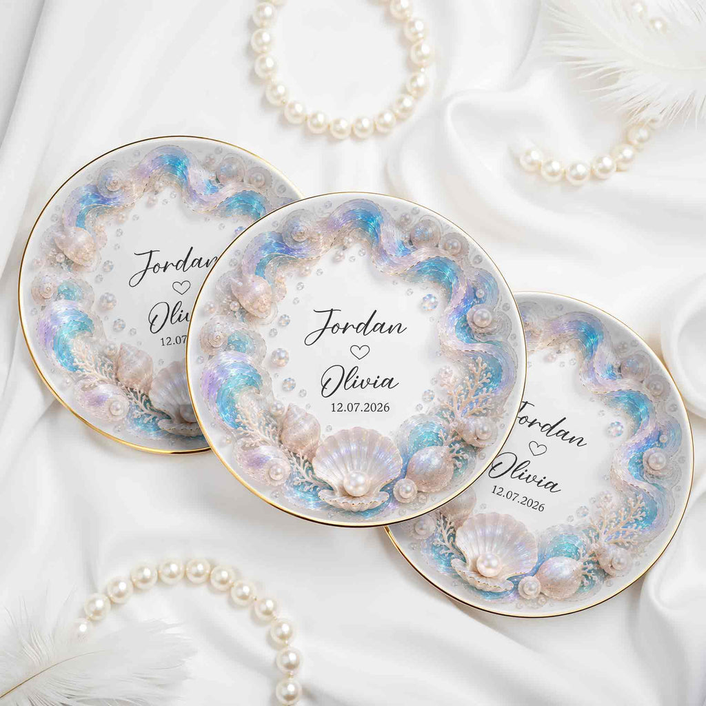 Personalized Ceramic Jewelry Dish Ocean Theme Custom Gift for Couples