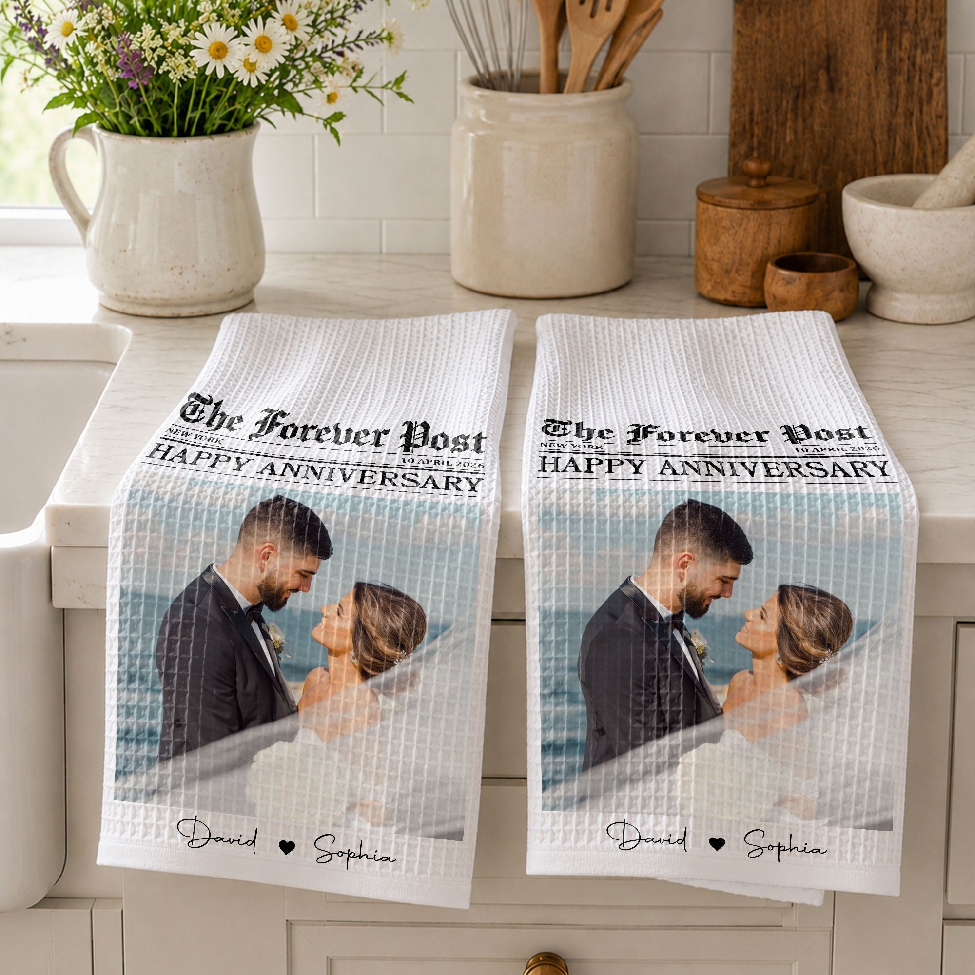 Personalized Anniversary Kitchen Towel Custom Photo Gift for Couples Kitchen Towel GradoCreations