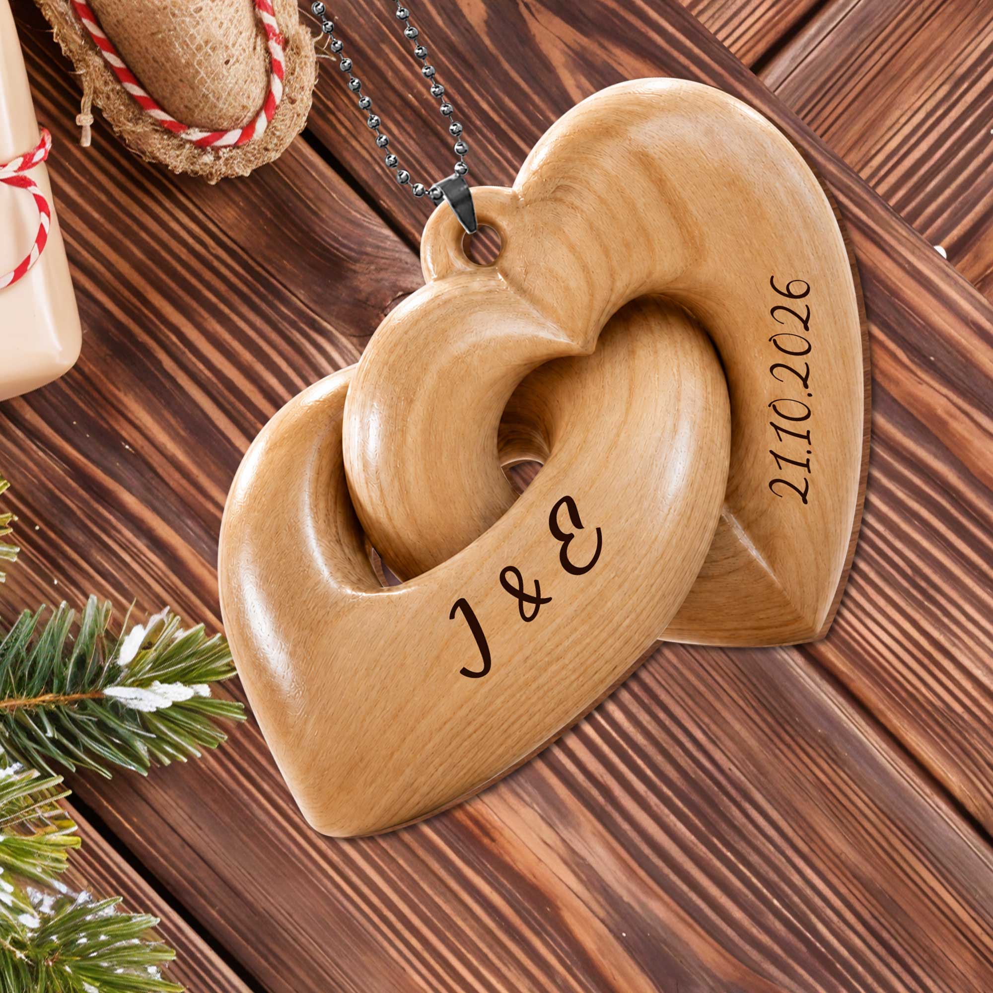 Personalized Interlocking Hearts Wood Ornament Custom Gift for Couples