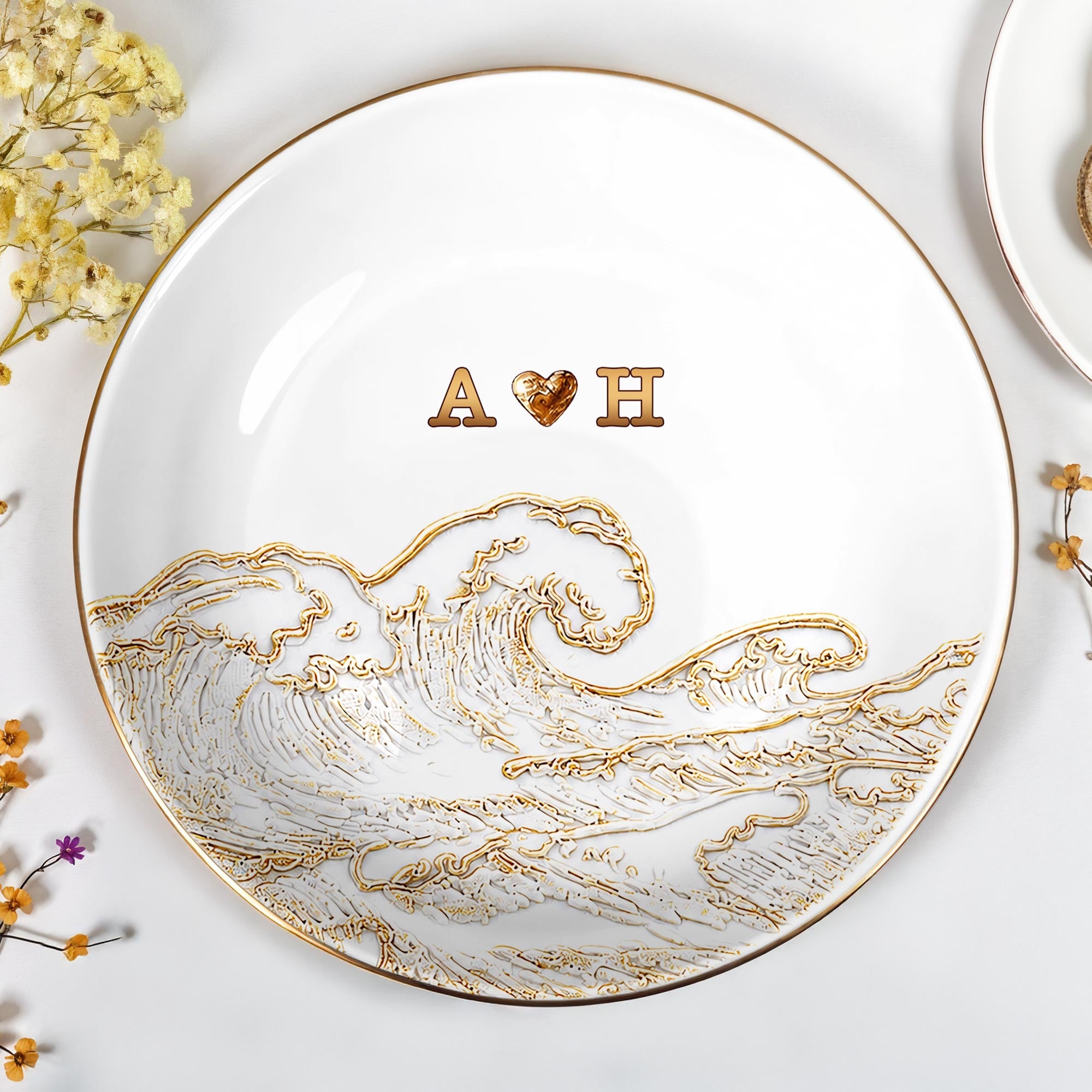 Personalized Ceramic Jewelry Dish Ocean Wave Heart Gift for Couples Jewelry Dish GradoCreations