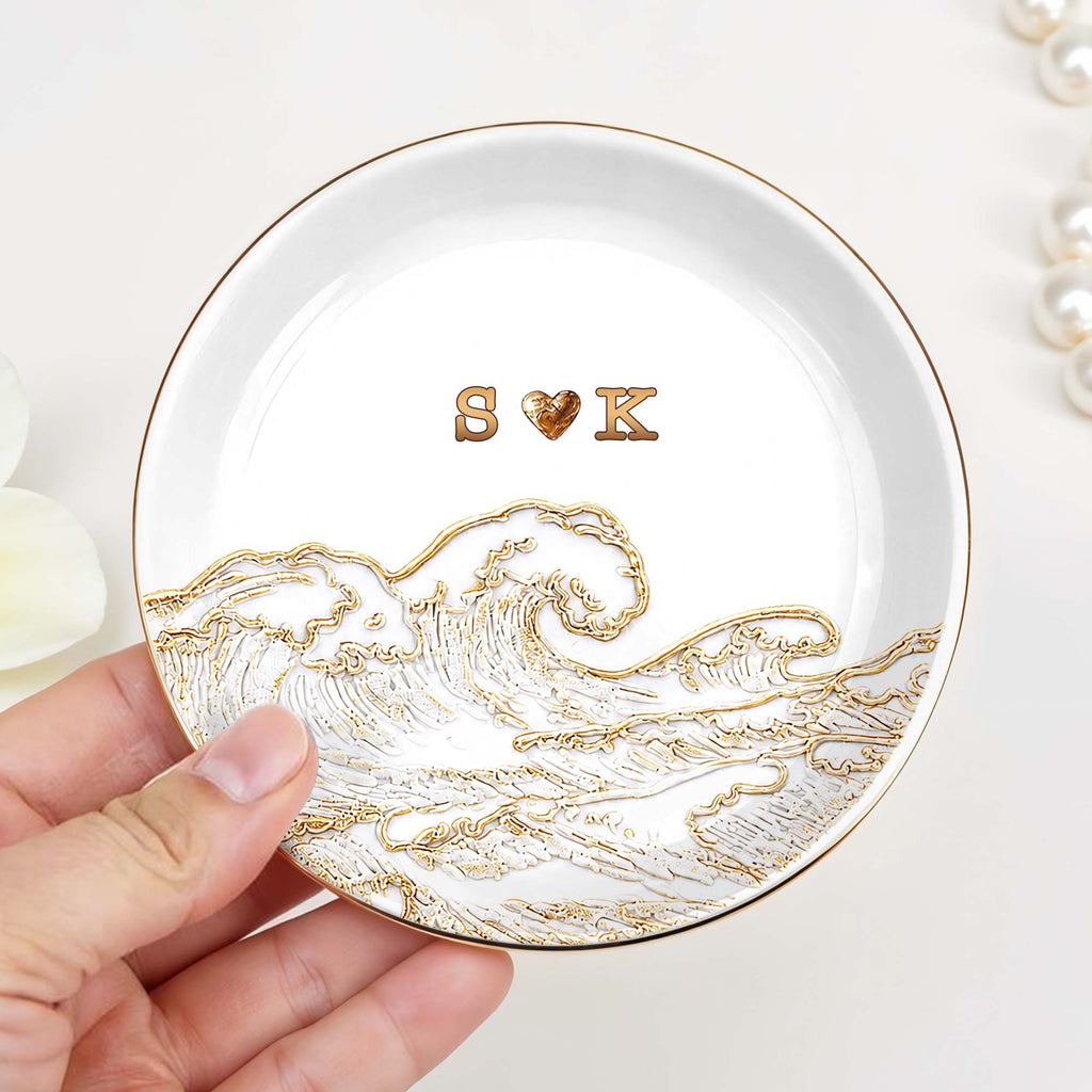 Personalized Ceramic Jewelry Dish Ocean Wave Heart Gift for Couples Jewelry Dish GradoCreations