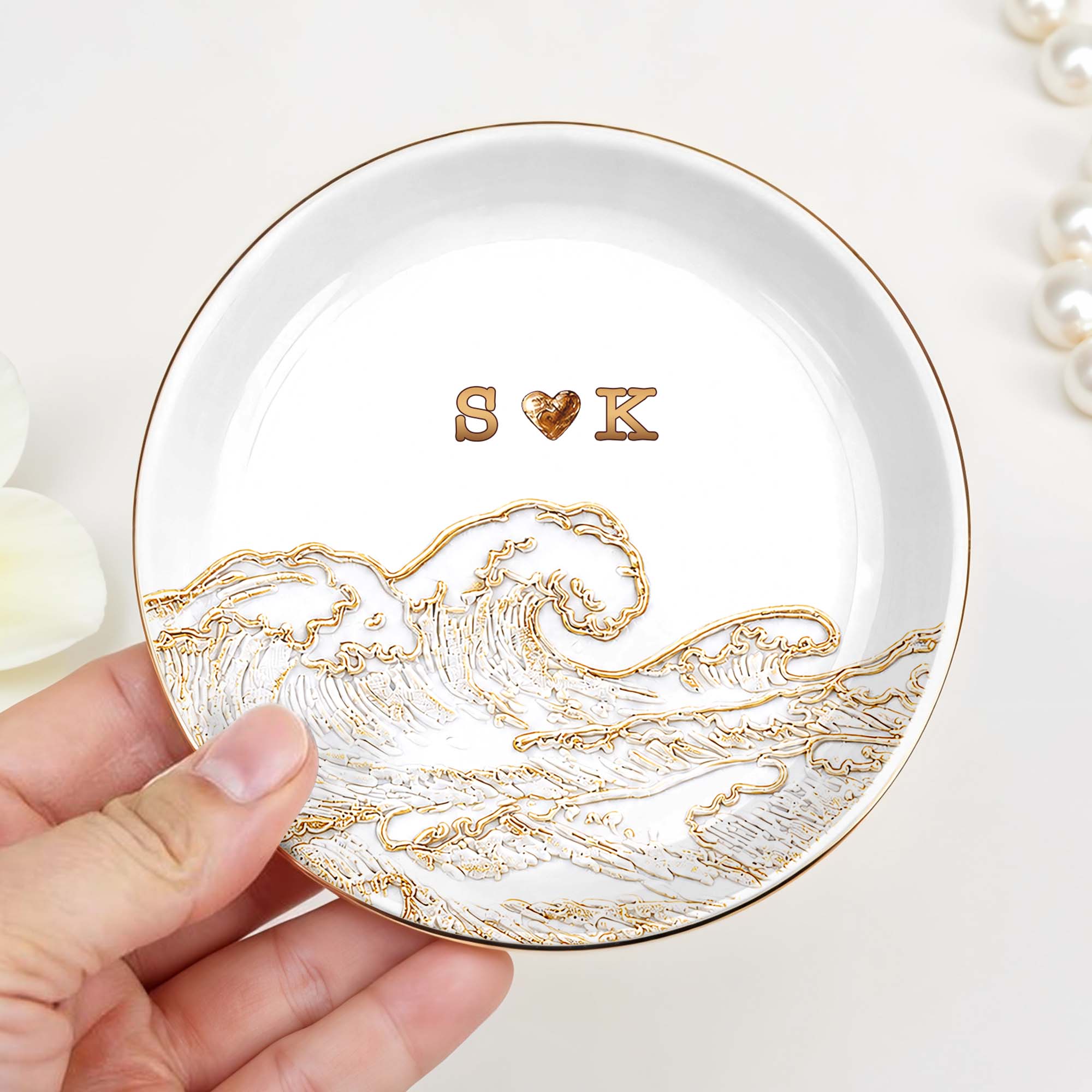 Personalized Ceramic Jewelry Dish Ocean Wave Heart Gift for Couples Jewelry Dish GradoCreations