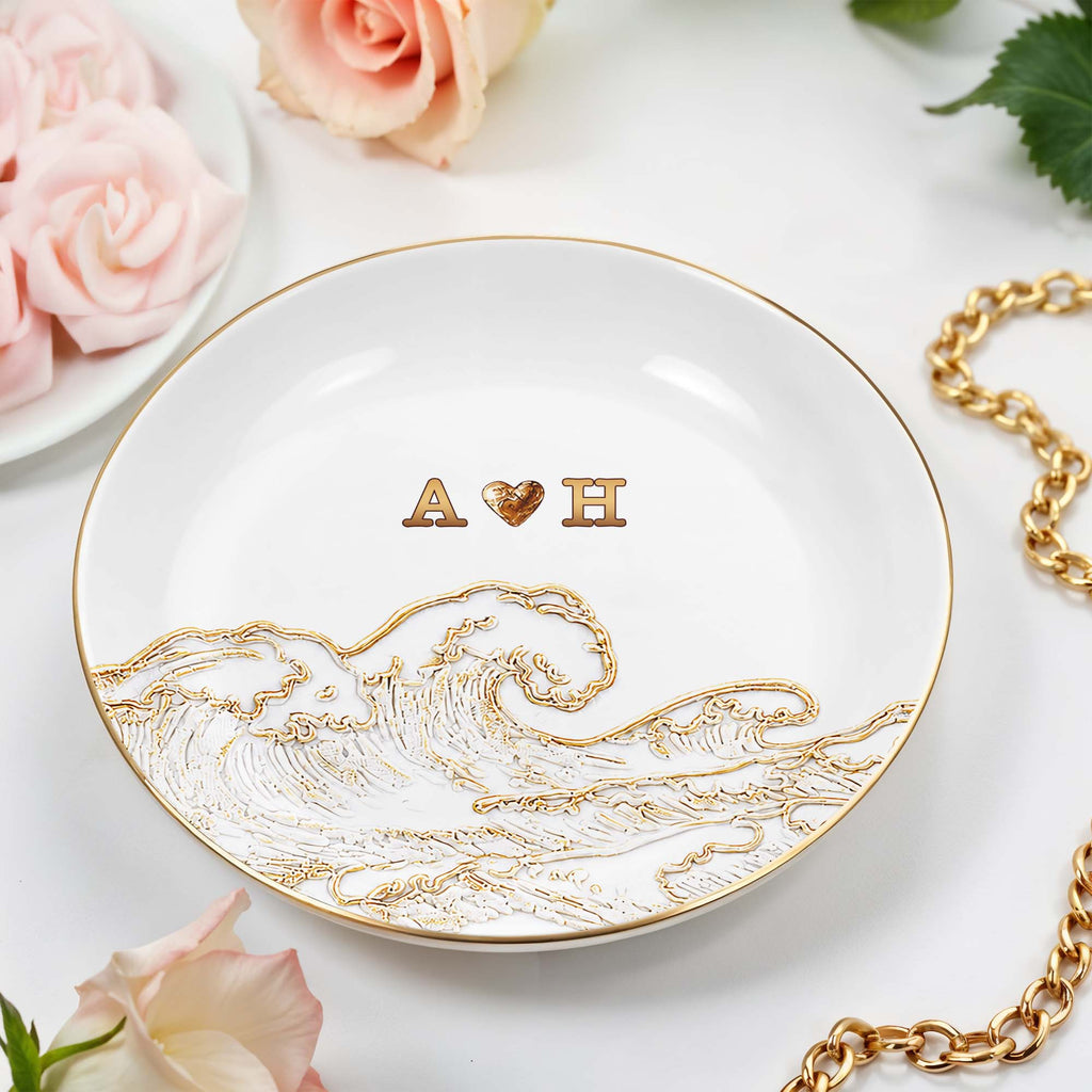 Personalized Ceramic Jewelry Dish Ocean Wave Heart Gift for Couples Jewelry Dish GradoCreations