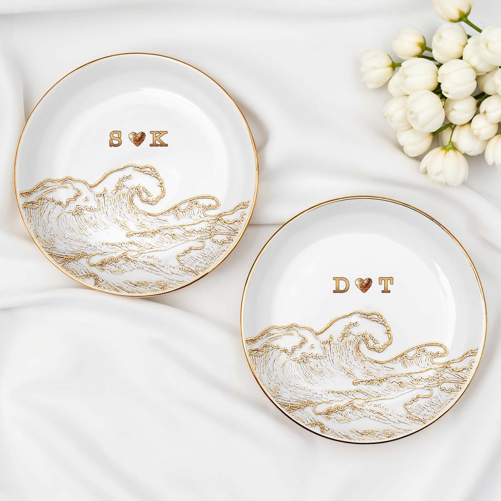 Personalized Ceramic Jewelry Dish Ocean Wave Heart Gift for Couples Jewelry Dish GradoCreations