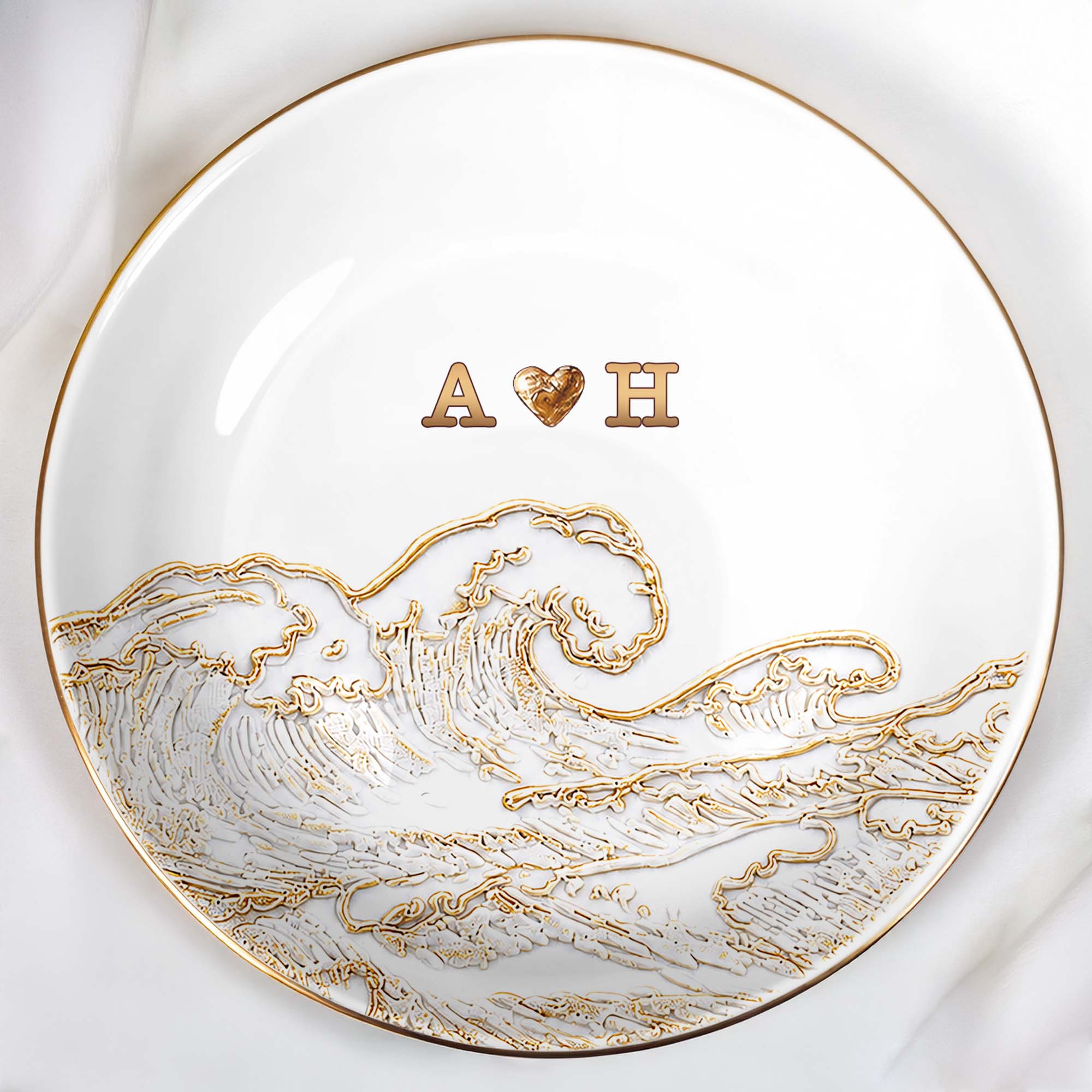 Personalized Ceramic Jewelry Dish Ocean Wave Heart Gift for Couples Jewelry Dish GradoCreations