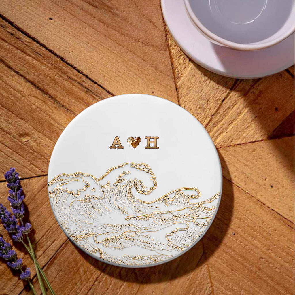 Personalized Ceramic Coaster with Ocean Wave Design Gift for Couples Ceramic Coaster GradoCreations
