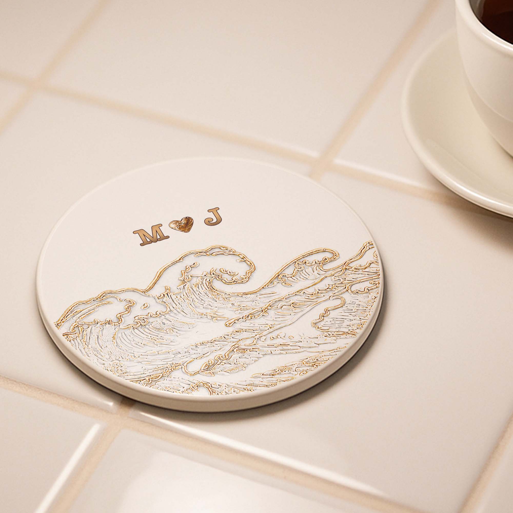 Personalized Ceramic Coaster with Ocean Wave Design Gift for Couples Ceramic Coaster GradoCreations
