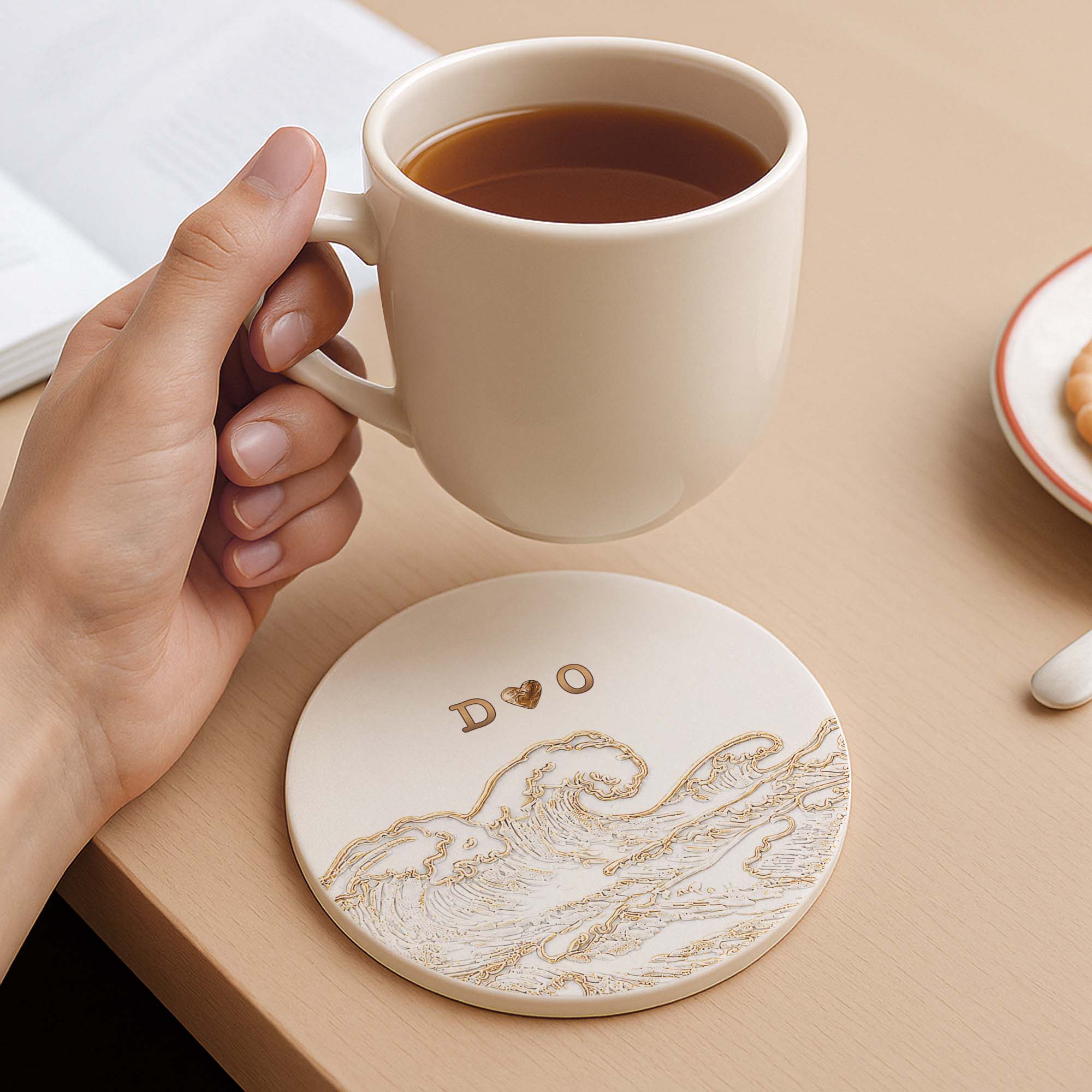 Personalized Ceramic Coaster with Ocean Wave Design Gift for Couples Ceramic Coaster GradoCreations