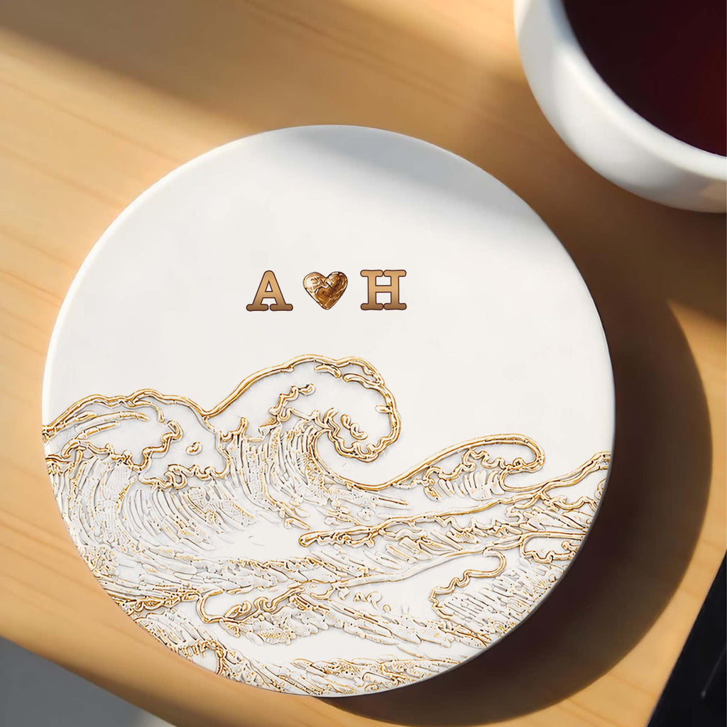 Personalized Ceramic Coaster with Ocean Wave Design Gift for Couples Ceramic Coaster GradoCreations