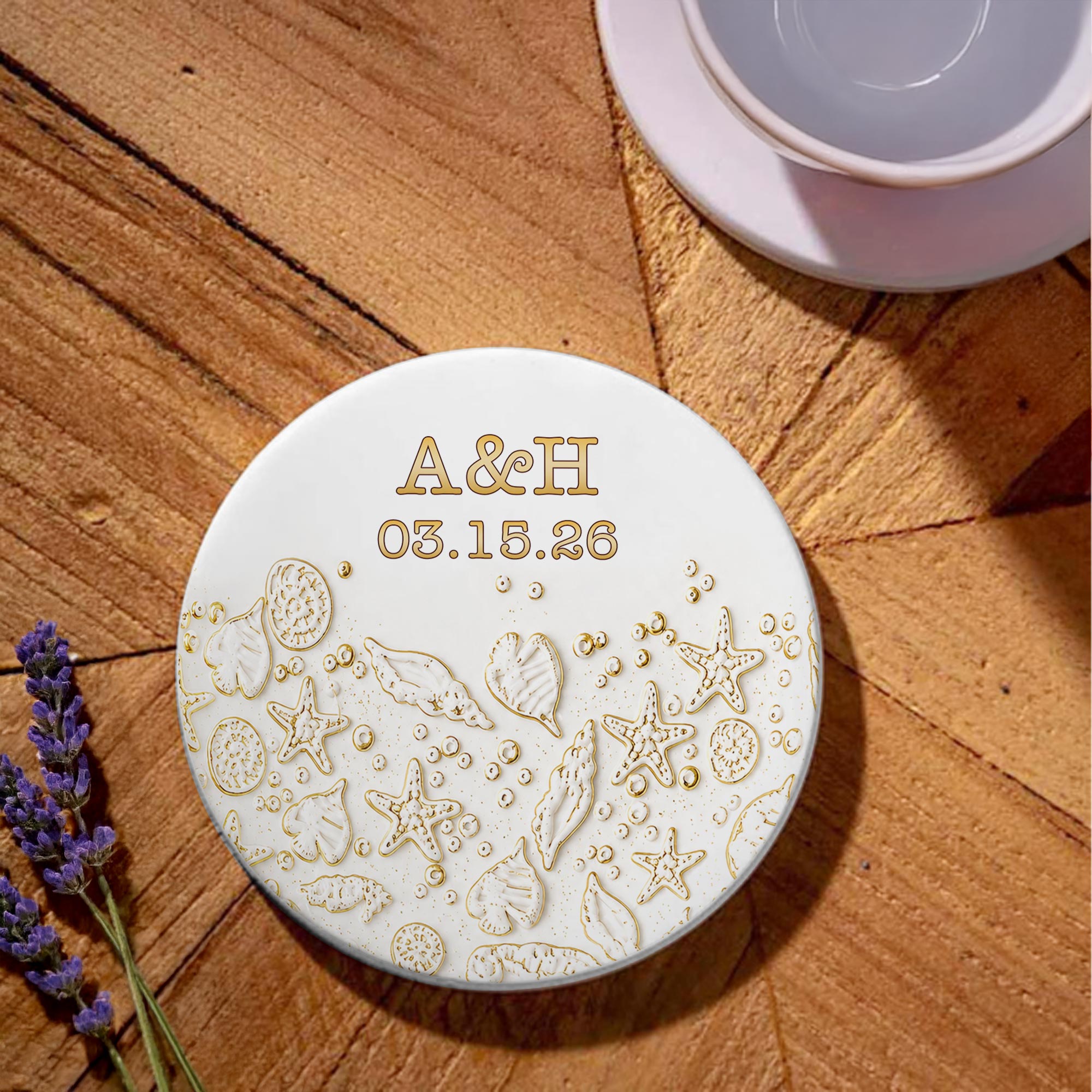 Personalized Beach Design Ceramic Coaster Custom Date Gift for Couples Ceramic Coaster GradoCreations