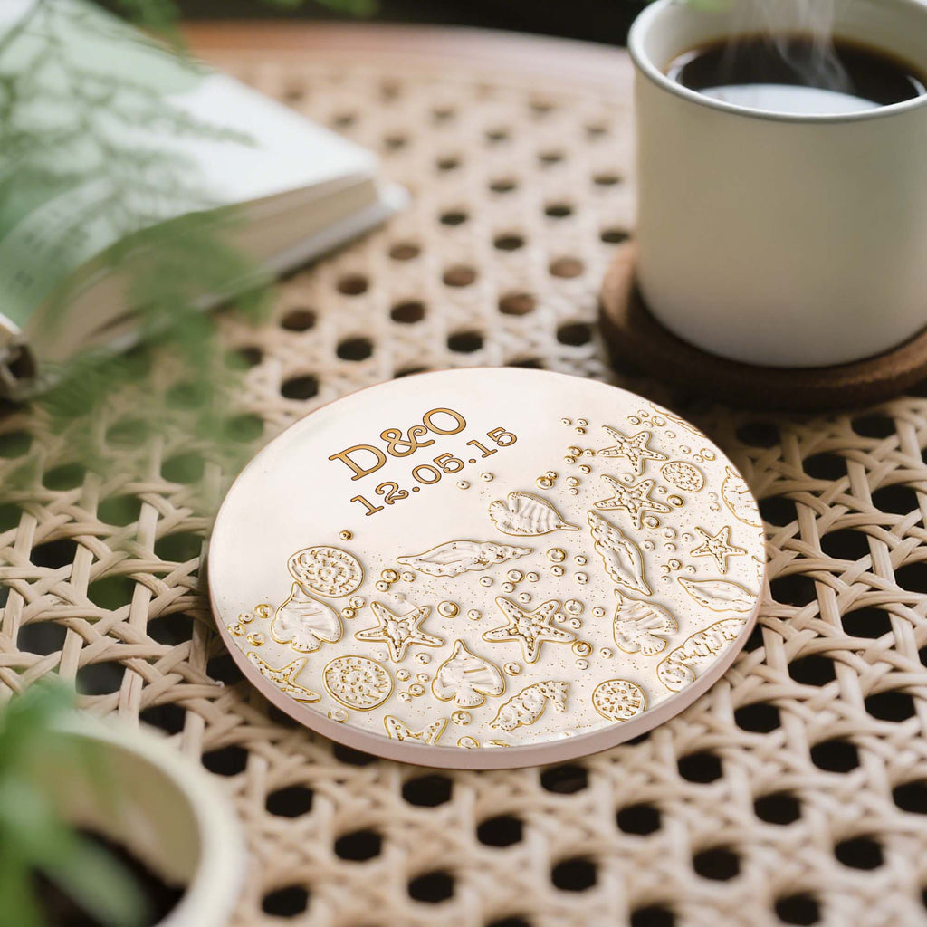 Personalized Beach Design Ceramic Coaster Custom Date Gift for Couples Ceramic Coaster GradoCreations