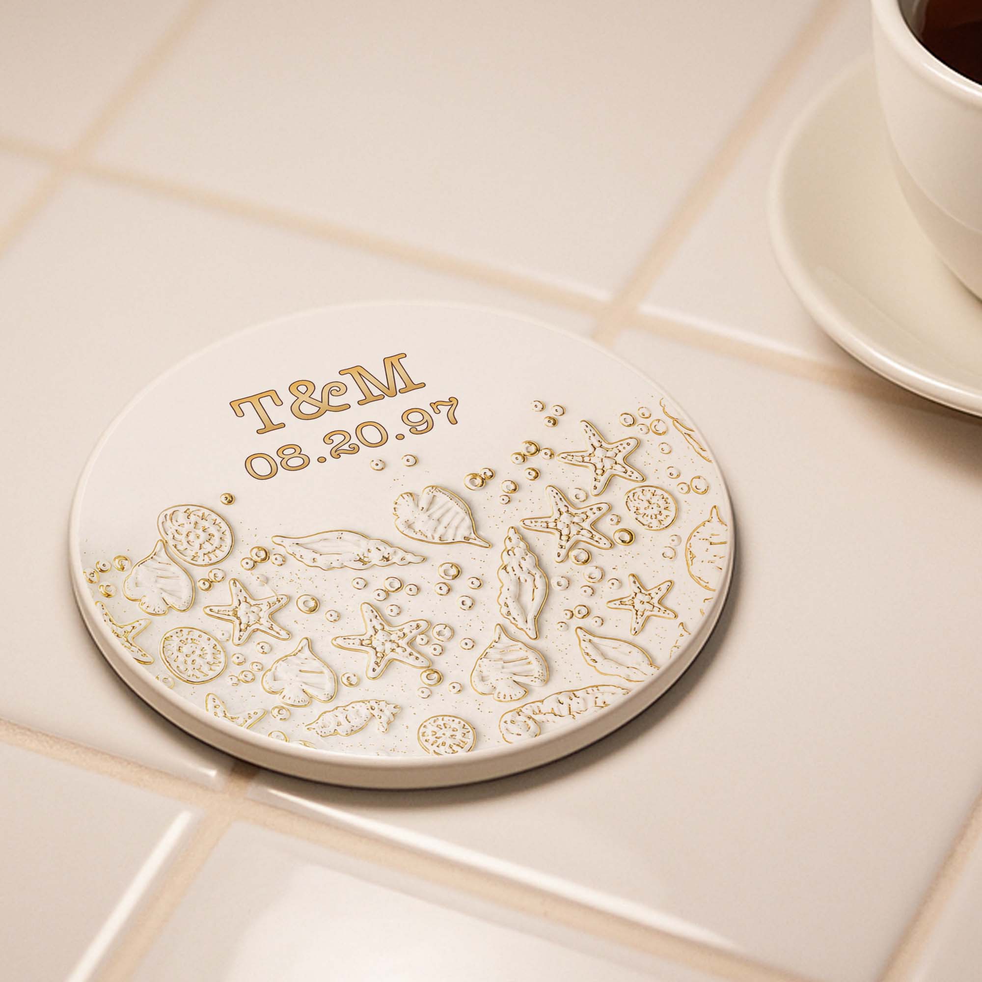 Personalized Beach Design Ceramic Coaster Custom Date Gift for Couples Ceramic Coaster GradoCreations