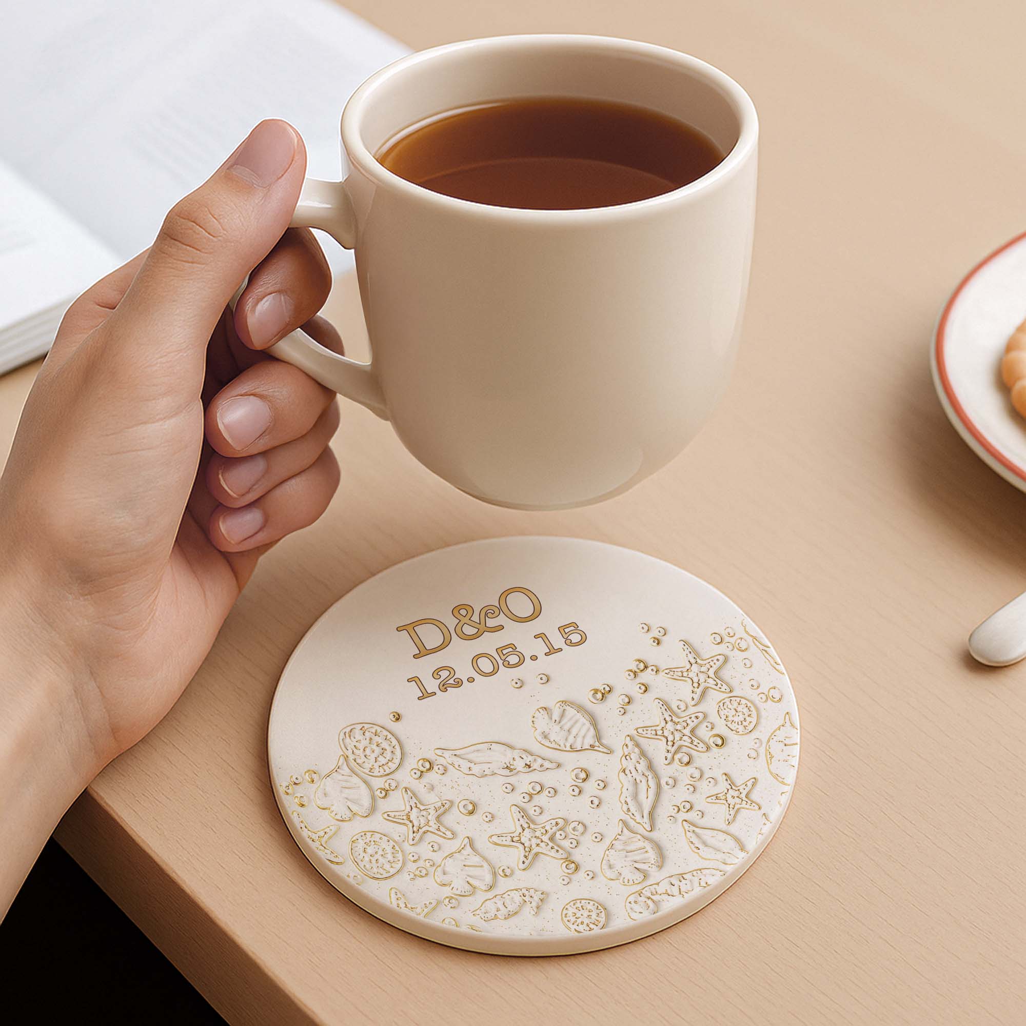 Personalized Beach Design Ceramic Coaster Custom Date Gift for Couples Ceramic Coaster GradoCreations
