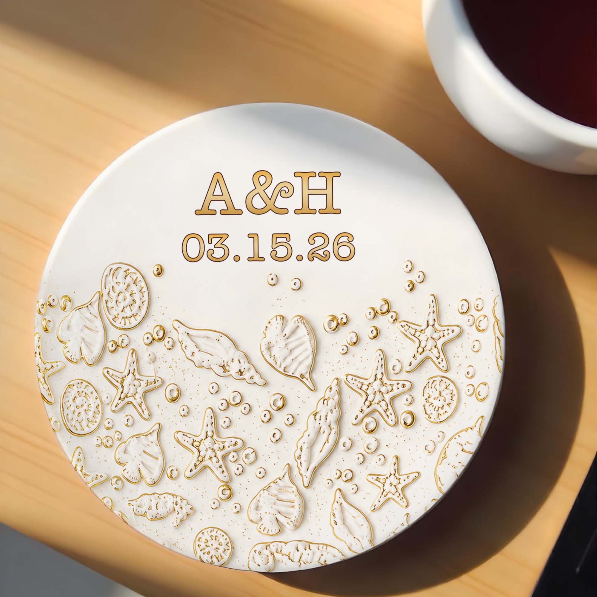 Personalized Beach Design Ceramic Coaster Custom Date Gift for Couples Ceramic Coaster GradoCreations